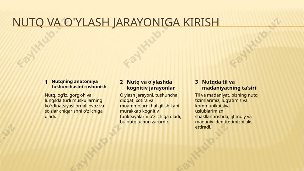 oni tushunish o'ng yarimshar wernicke hududi orqali amalga oshiriladi. o'ylash jarayoni, ko'krakning turli hududlariga bog'liq, o'rtacha loblar, qaror qabul qilish va rejalashtirishda ishtirok etadi. bolalar tilini o'rganish kritik davr nazariyasi bolalarning tilni o'rganish uchun kritik davri, erta yoshlarda sog'liqning tilni o'rganishga eng ochiq bo'lishini anglatadi. chaqaloqda til bosqichlari chaqaloqlar 6 oyliklarida lablab o'qishni boshlaydilar, 12 oyliklarida birinchi so'zlarni aks ettirishga boshlaydilar va 18-24 oyliklarida so'zlarini birlashtirishga boshlaydilar. ekologik omillar bolalar, ota-onalar, kitoblar va media bilan bog'liq zamonaviy til muhitiga ega bo'lib, tilni o'rganishadi. nutq ta'siri tilning tuzilishi va sintaksi nonverbaliy kommunikatsiya leksika va deyimlar farqli madaniyatlar o'zaro xususiy til tuzilish va sintaksisiga ega, bu o'ylar tuzilishini va nutqda ifodalashni ta'sir qiladi. masalan, ba'zi tillar farqli so'z tartiblaridan foydalanadi yoki turli darajada formal so'zlarni ishlatadi. madaniyatning nutqni ta'sir qilishi juda katta ahamiyatga ega, masalan, ko'rsatmalarda, yuz ifodalashlarida va vujud tilida, bu nutqning ma'nasini va tarjimalashini katta ta'sir qilishi mumkin. masalan, bir …