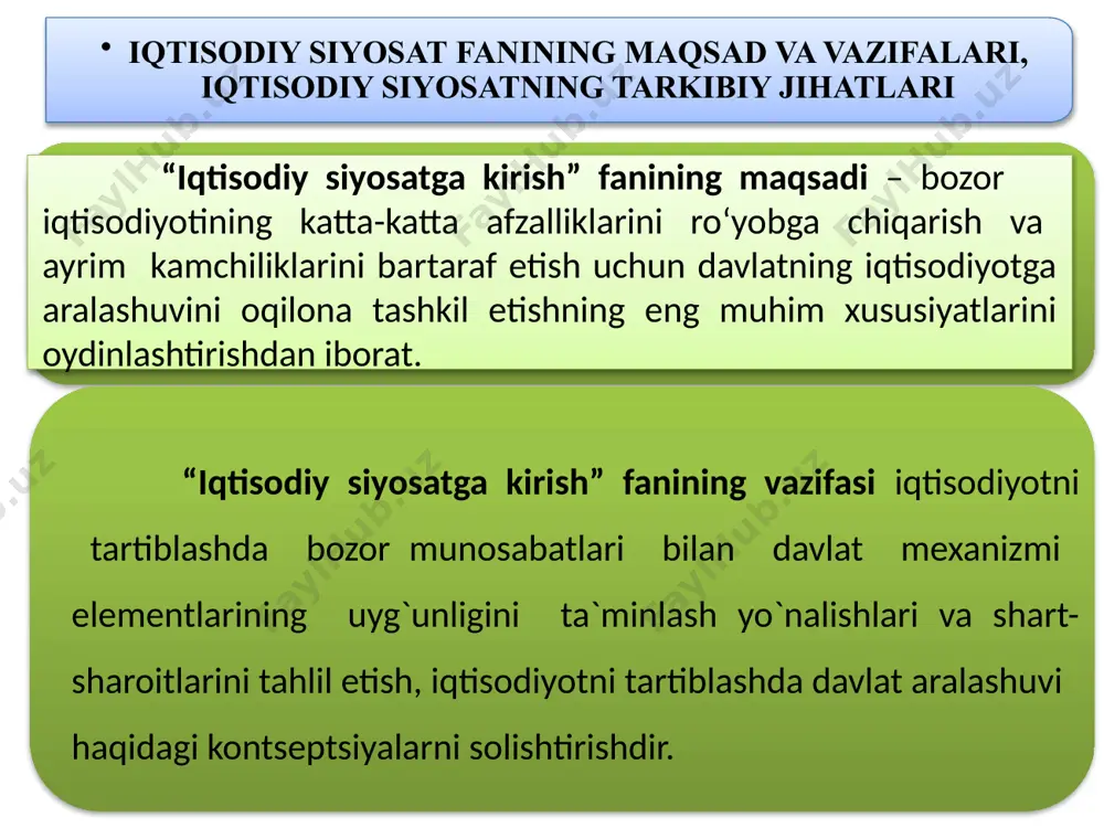 i ko’rsatib o’tgan edi. 11 siyosiy iqtisod iqtisodiy siyosatning asosi sifatida tugan-baranovskiyning fikricha, iqtisodiy siyosat amaliy siyosiy iqtisoddan boshqa narsa emas. shuni yodda tutish kerakki, xx asr boshlarida. tarmoq va funksional iqtisodiy fanlar hali to‘liq shakllanmagan. ularning xilma-xilligi bitta yaxlit tushunchaga - siyosiy iqtisodga mos keladi. biroq iqtisodiy siyosatni ilmiy asoslash zarurati boshidanoq shubha ostiga olinmagan. ushbu g'oyalarni ishlab chiqishda v.m.shteyn 1922 yilda nazariya va amaliyotni aniq ajratdi. u shunday deb yozgan edi: "nazariya borliqni o'rganadi, nima bor, ikkinchisi nima bo'lishi kerakligi haqida gapiradi" rossiyada iqtisodiy siyosat masalalari 1920-yillarda dolzarb bo‘lib qoldi. xx asr. bu esa, birinchi navbatda, faqat ishlab chiqarish vositalariga davlat mulkchiligiga asoslanishi kerak bo'lgan iqtisodiyotni charxlash siyosati bilan bog'liq. yetmish yildan ko'proq vaqt davomida iqtisodiy siyosat rossiyaning o'ziga xos sharoitlarini hisobga olgan holda qurildi. 12 siyosiy iqtisod iqtisodiy siyosatning asosi sifatida viktor morisovich shteyn (1890—1964) professor v.m.shteyn fikricha, sog'lom iqtisodiy siyosat ikki asosiy tamoyil: faol-ishlab chiqarish va …