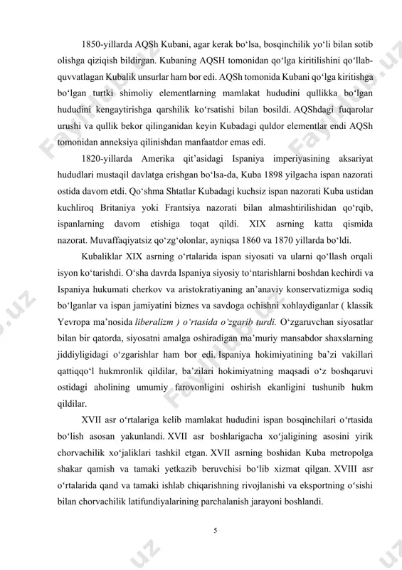 xvii asr oʻrtalariga kelib mamlakat hududini ispan bosqinchilari oʻrtasida boʻlish asosan yakunlandi. xvii asr boshlarigacha xoʻjaligining asosini yirik chorvachilik xoʻjaliklari tashkil etgan. xvii asrning boshidan kuba metropolga shakar qamish va tamaki yetkazib beruvchisi boʻlib xizmat qilgan. xviii asr oʻrtalarida qand va tamaki ishlab chiqarishning rivojlanishi va eksportning oʻsishi bilan chorvachilik latifundiyalarining parchalanish jarayoni boshlandi. 1762–1763 - gavananing inglizlar tomonidan vaqtincha bosib olinishi. kuba ispaniya savdo va harbiy ekspeditsiyalari uchun muhim tranzit nuqtasi edi. 1762-1763 yillarda angliya va ispaniya o'rtasidagi urush paytida gavana inglizlar tomonidan bosib olindi, ular erkin savdo rejimini joriy qildilar, bu esa orolning iqtisodiy hayotining jonlanishiga hissa qo'shdi. evropada yetti yillik urush (1756-1763) oxirida (angliya va frantsiya o'rtasidagi shimoliy amerika va sharqiy hindistondagi mustamlakalar uchun kurash natijasida boshlangan) orol ispaniya tojiga qaytarildi, ammo endi ispaniya kubadagi savdo monopoliya rejimini zaiflashtirishga majbur bo'ldi. yevropa, ayniqsa fransiya, keyinroq aqsh bilan savdoning kuchayishi shakar va tamaki ishlab chiqarishning umumiy o'sishiga sabab …