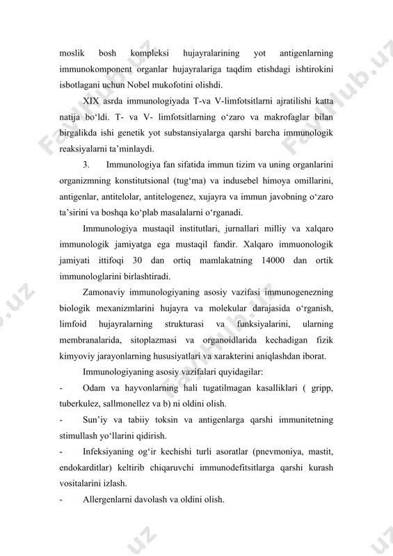 ited states of america 2016 year). 2. m.jackson veterinary clinical pathology. america 2010 year. qo‘shimcha adabiyotlar 1. mirziyoyev sh.m. erkin va farovon demokratik o‘zbekiston davlatini birgalikda barpo etamiz. toshkent, “o‘zbekiston” nmiu, 2017. – 29 b. 2. mirziyoyev sh.m. qonun ustuvorligi va inson manfaatlarini ta’minlash yurt taraqqiyoti va xalq farovonligining garovi.“o‘zbekiston” nmiu, 2017.– 47 b. 3. mirziyoyev sh.m. buyuk kelajagimizni mard va olijanob xalqimiz bilan birga quramiz. “o‘zbekiston” nmiu, 2017. – 485 b. 4. o‘zbekiston respublikasi prezidentining 2017 yil 7 fevraldagi “o‘zbekiston respublikasini yanada rivojlantirish bo‘yicha harakatlar strategiyasi to‘g‘risida” gi pf-4947-sonli farmoni. o‘zbekiston respublikasi qonun hujjatlari to‘plami, 2017 y., 6-son, 70-modda. 5. bazarov x.k., abdulakimova a.b. veterinariya virusologiyasidan o‘quv qo‘llanma. samarqand 2016 y. 6. самуйленко а.я., “инфекционная патология животных” том 1 москва 2009. 7. петров р.в. иммунология. учебник. москва 1983 й