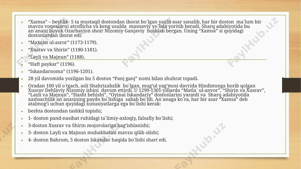 unyoda bir-birining diydoriga to`yolmaganlar ruhi mutloq sari ravona bo`ladilar. navoiyning fikricha, har bir odam oshiqlik yo`lini tutib, ishq tarixiga kirib, o`zini o`limga emas, balkim vasl mayini ichishga tayyorlashi kerak. bu dunyoning birdan- bir mazmuni ham shu, demoqchi shoir. navoiy o`z oldiga qo`ygan maqsadini sharaf bilan ado etdi. shoirning “xamsa” ni yaratish uchun ishlagan kunlari hisobga olinsa, 54 ming misralik o`lkan obida 6 oyda bitkaziladi. olimu fuzalolar turkiydagi birinchi “xamsa” ni zo`r olqish bilan kutib oladilar. asar o`z davrining mashhur shoirlari e`tirofini qozonadi. husayn boyqaro va abdurahmon jomiylarning yuksak bahosi va ehtiromi bunga misoldir. turkiy tilda “xamsa” yaratish bilan navoiy turkiy til va adabiyotni jahoniy miqyosga olib chiqdi. uning “xamsa” sidagi dostonlar esa turkiy adabiyotda ko`plab naziralar yozilishiga sabab bo`ldi. “layli majnun dostoni qahramonlari qays navfal ibnsalom zayd layli badiiy adabiyotda bu qissa doston shaklida ilk bor nizomiy ganjaviy tomonidan 1188-yilda vujudga keldi. nizomiy xalq orasida tarqalgan rivoyatlardan ijodiy foydalangan holda …