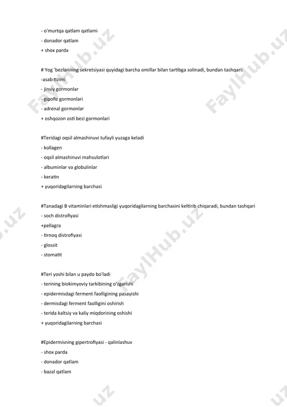alar bilan aloqani yo'qotgan va vesikal suyuqlikda suzuvchi epidermal hujayralardagi degenerativ o'zgarishlar + yuqoridagilarning barchasi #… - bu odam organizmining o’zini begona ma’lum yot belgisini tashiydigan tirik jins va moddalardan himoya qilish vazifasidir. + immunitet - qon - platsenta - homila #organizmni patologik agentdan himoya qilish qobiliyatida spetsifik immunologik hujayralarni toping + t-limfotsitlar - b-limfotsitlar - antitelalar - eritrotsitlar #organizmni patologik agentdan himoya qilish qobiliyatida gumoral reaksiyani nima taʼminlaydi? - t-limfotsitlar + b-limfotsitlar - antitelalar - eritrotsitlar #kasallik tarixi nechta qismdan iborat? - 11 - 12 - 13 +14 #bolaning ogʻrigunga qadar boʻlgan sogʻligi , ogʻrigan payti,kasallikning davomiyligi,uning birinchi belgilari, kasallikning kechishi,tekshirish va qoʻllanilgan davolash usullari kasallik tarixining qaysi qismiga yoziladi +anamnez morbi - anamnez vitae -shikoyatlar -klinik tashxisni asoslash # quyidagilardan qaysi biri bemor ahvolining o’rta og’ir holatiga kiradi? - tana harorati subfebril - talvasa bo’lishi +tana xarorati 38-39c - hush buzilishi # hush buzilishi turlarini ko’rsating. + stupor, …