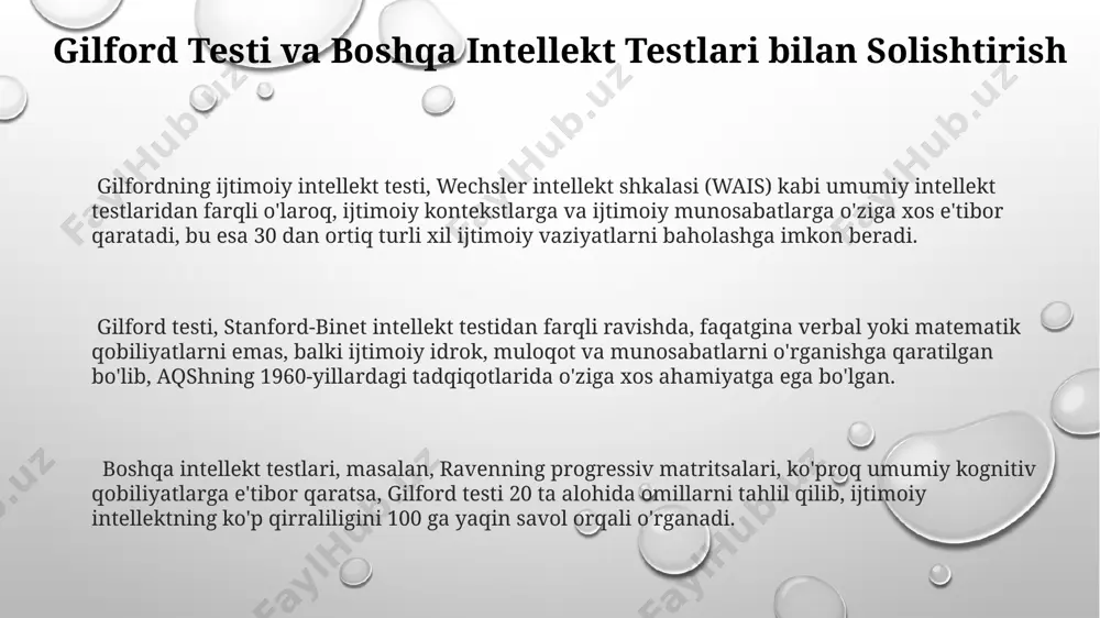 ichiga oladi. toshkentdagi psixologiya institutida o'tkazilgan tadqiqotlar shuni ko'rsatdiki, gilford testi yordamida 15-25 yosh oralig'idagi shaxslarning ijtimoiy moslashuvchanligini aniqlash mumkin. o'zbekiston maktablari va universitetlarida gilford testidan foydalanish cheklangan bo'lsa-da, psixologik tadqiqotlarda 100 ga yaqin ishtirokchilar ustida uning samaradorligi tekshirilgan. gilford testining afzalliklari va kamchiliklari gilford testi ijtimoiy aqlni 5 omilga (idrok, tushunish, baholash, rejalashtirish va qo'llash) bo'lib baholash imkonini beradi, ammo 1960-yillardagi aqsh sharoitida ishlab chiqilganligi sababli, boshqa madaniyatlarga moslashishi mumkin emas. gilford testi ijtimoiy munosabatlarni o'lchashda samarali bo'lsa-da, u individual farqlarni to'liq hisobga olmaydi va natijalarni talqin qilishda xatoliklar yuz berishi mumkin, masalan, shaxsning kayfiyati natijalarga ta'sir qilishi mumkin. testning yuqori ishonchlilik koeffitsienti (masalan, 0.8 dan yuqori) mavjud, biroq u faqat yuqori intellektual darajadagi shaxslarni tekshirish uchun mo'ljallangan va shuning uchun keng qamrovli emas, masalan, past intellektli shaxslarni tekshira olmaydi. e'tiboringiz uchun rahmat @taqdimot_robot image1.png image2.png image3.png