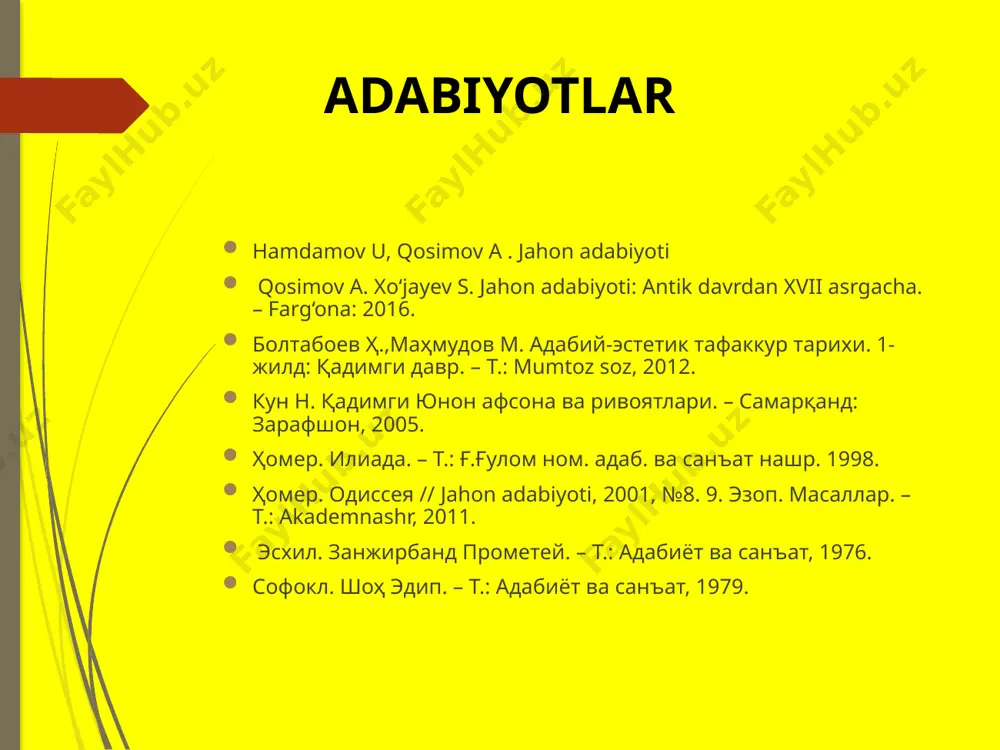 emas. xiv asrda italiyada tug‘ilib, keyin ovrupaning boshqa mamlakatlariga yoyilgan uyg‘onish davrining ulug‘ allomalari antik dunyo ilm-u fani, san’at va adabiyoti, falsafiy ta’limotlari ko‘magida bashariyatni jaholat uyqusidan uyg‘otishni maqsad qilganlar. gumanistlar antik zamon yodgorliklarini to‘plash va nashr etishga katta e’tibor qaratdilar. “uyg‘onish” so‘zining dastlabki ma’nosi ham “qadimgi ma’daniyatni tiklash” demakdir. xvii asrdagi ovrupa klassitsizm adabiy oqimi esa antik dunyo badiiy ijodiga taqlidan paydo bo‘ldi va rivojlandi xiv asrda italiyada tug‘ilib, keyin ovrupaning boshqa mamlakatlariga yoyilgan uyg‘onish davrining ulug‘ allomalari antik dunyo ilm-u fani, san’at va adabiyoti, falsafiy ta’limotlari ko‘magida bashariyatni jaholat uyqusidan uyg‘otishni maqsad qilganlar antik adaboyotning markaziy osiyoga ta’siri. xviii asrning 2-yarmidan boshlab, antik adabiyotga bo‘lgan munosabat bir muncha o‘zgardi. krit mikena krit-mikena adabiyotining birinchi davri xalq og‘zaki ijodining uzoq asrlarini qamrab olgan bo‘lib, m.o. ix asrda yakunlanadi. ushbu davr ijodi namunalari bizgacha yetib kelm qadimgi yunon she’riyati “lirika” atamasi torli cholg‘u asbobi lira nomidan kelib chiqqan bo‘lib, “musiqa …