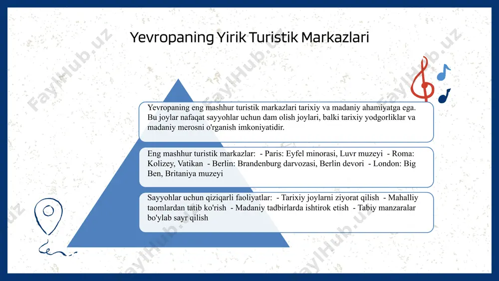 lari bilan tanilgan. ski sporti va boshqa faoliyatlar uchun ajoyib imkoniyatlar taqdim etadi. norvegiyaning fjordlari norvegiyaning fjordlari ajoyib tabiiy go'zalliklari bilan mashhur. suv va tog'lar orasidagi uyg'unlik, sayyohlar uchun bir-biridan ajralmas tajriba taqdim etadi. bu joylar, o'zining chuqur va keng go'zalligi bilan hayratlantiradi. islandiyaning geotermal manbalari islandiya geotermal manbalari bilan mashhur. geyzerlar va issiq buloqlar, sayyohlar uchun ajoyib ko'rinishlar va dam olish imkoniyatlari taqdim etadi. bu tabiiy hodisalar, islandiyaning o'ziga xos go'zalligini namoyish etadi. xulosa yevropaning mashhur turistik markazlari madaniy va tarixiy ahamiyatga ega. har bir markazning o'ziga xos diqqatga sazovor joylari bor va turistlar uchun noyob tajribalar taqdim etadi. yevropadagi turizm tashkilotlari birgalikda ishlash orqali turistik tajribalarni rivojlantiradi. foydalanilgan adabiyotlar 1. mamatkulov, a. 'yevropaning turistik markazlari: madaniy meros va iqtisodiy ta'sir.' o'zbekiston turizm jurnali, 2022 2. yuldashev, t. 'yevropa: tarixiy va madaniy turizm markazlari.' tashkent state university press, 2023 3. abdullayeva, g. 'turizm geogeafiyasi: yevropa misolida.' international journal of …