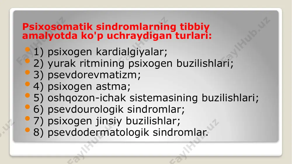 ishi nafaqat qabziyatga, balki diareyaga ham sabab be'ladi. abdominal og'riqlar mutahassislar ma`lumotiga ko'ra, tez yordam bo'limiga olib kelingan bemorlarning 5-10 foizi qorin og'rig'idan shikoyat qilarkan. shu- nisi etiborliki, bu bemorlarning 41 foiziga «qorindagi sababi aniqlanmagan og’riq» deb yakuniy tashhis qo'yilarkan. yetuk klinika- larning birida qilingan ilmiy tahlil shuni ko'rsatganki, «appenditsit» tashhisi bilan operatsiya qilinganlarning har uch na- faridan birida, olib tashlangan o'simta gistologik tekshiruvdan o’tkazilganda, normal holatda bo'lgan. shu bilan birga, qorindagi og’riq lar affektiv buzilishlar natijasida kelib chiqqanligi aniq- lanib, qo'yilgan «ganglionevrit», «solyarit» kabi tashhislar bekor qilingan. psevdourologik sindromlar. tez-tez hojatxonaga qatnash, shunda ham qovug'i bo'shaganidan qoniqmay chiqish va qornining pastida og'riq sezish holatlari asab tizimining funksional buzilishlari uchun hosdir. siydik ajralib chiqishining nevrotik buzilishlari ikki hil ko'rinishda kechishi mumkin: tez-tez siygisi kelishi va siyishning ushlanib qolishi. e’tiboringiz uchun raxmat… image2.jpeg image3.jpeg image4.jpeg image5.jpeg image6.jpeg image7.jpeg image8.jpeg image9.jpeg image10.jpeg image11.jpeg image12.jpeg image13.jpeg image14.jpeg image15.jpeg image16.jpeg image17.jpeg image18.jpeg image19.jpeg image20.jpeg …