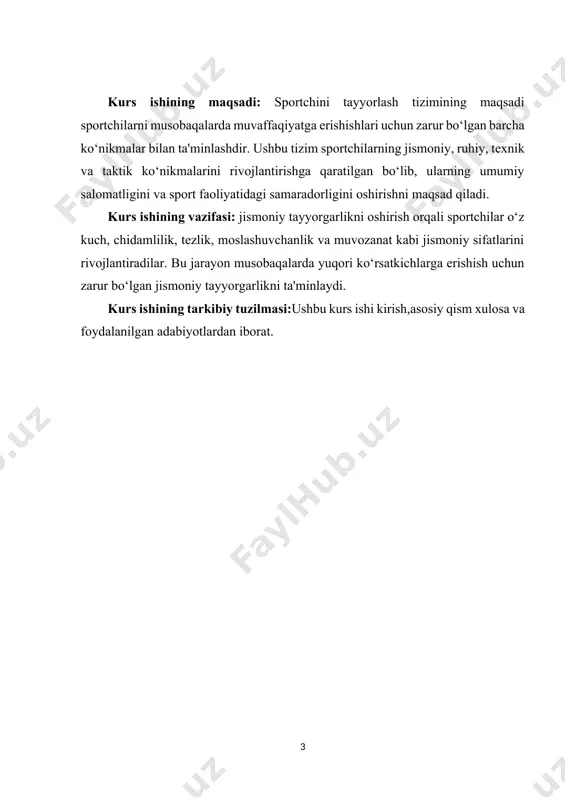 i oshirish, suzuvchilar uchun esa chidamlilikni rivojlantirish muhimdir. jismoniy tayyorgarlikda turli xil mashqlar va trening usullari qo‘llaniladi, bu esa sportchining jismoniy holatini yaxshilashga yordam beradi.texnik tayyorgarlik sportchining o‘z sport turiga xos ko‘nikmalarni o‘rganish va rivojlantirish jarayonidir. texnik tayyorgarlikda sportchilar harakatlarni takomillashtirish, to‘g‘ri texnikalarni o‘zlashtirish va musobaqalarda samarali ishlash uchun zarur bo‘lgan ko‘nikmalarni o‘rganadilar. har bir sport turi o‘ziga xos texnik talablarni o‘z ichiga oladi. misol uchun, basketbolchilar uchun to‘pni qanday to‘g‘ri urish va zarba berish usullarini bilish muhimdir. texnik tayyorgarlik jarayoni sportchining texnik ko‘nikmalarini mukammal bajarishiga yordam beradi.taktik tayyorgarlik sportchilarga o‘yinda qanday harakat qilish, raqibni qanday o‘rganish va o‘z jamoasini qanday boshqarish haqida o‘rganishga yordam beradi. bu jarayon sportchini raqobatbardosh muhitda muvaffaqiyatli ishlashga tayyorlaydi. sportchilar o‘yinda qanday strategiyalarni qo‘llashlari va raqibning kuchli va zaif tomonlarini qanday baholashlari kerakligini bilishlari zarur. taktik tayyorgarlik jarayonida sportchilar raqibning harakatlarini tahlil qilish va o‘z jamoasi bilan birgalikda strategiyalar ishlab chiqish qobiliyatini rivojlantirishlari lozim.psixologik tayyorgarlik …