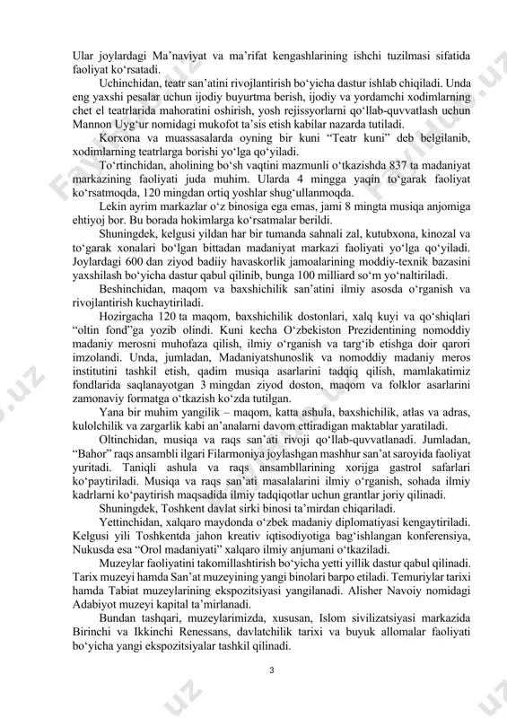 rinchi marta nashr etilgan 100 jildlik “turkiy adabiyot durdonalari”, 30 jilddan iborat “mustaqillik davri navoiyshunosligi”, “qoraqalpoq adabiyoti durdonalari”, “mard askarga sovg‘a” singari adabiy majmualar ma’naviy hayotimizda muhim voqea bo‘ldi. yig‘ilishda bu sohalar oldidagi ustuvor vazifalar muhokama qilindi. davlatimiz rahbari 9 ta yo‘nalishda o‘z fikrlarini bildirib, muhim tashabbuslarni ilgari surdi. avvalo, ma’naviyat va madaniyat sohasi uchun metodik asos bo‘lib xizmat qiladigan milliy g‘oyamizni rivojlantirish bo‘yicha alohida dasturiy hujjat ishlab chiqish lozimligi ta’kidlandi. ba’zi guruhlar orasida diniy qarashlarni konstitutsiya va qonunlarimizga qarshi qo‘yish, dunyoviy qadriyatlarni harom deb bilish holatlari afsus bilan qayd etildi. prezident bu o‘rinda ibrat domlaning “ulamo g‘ayrat etkanda millat, albatta, isloh topur”, degan hikmatli so‘zlarini yodga oldi. ziyolilar, nuroniylar, haj va umraga borib kelgan yurtdoshlarimiz ma’naviyat targ‘ibotchisi bo‘lishi, odamlarni yaxshilikka boshlashi kerakligi aytildi. ta’lim tizimiga qaratilayotgan e’tibor izchil davom ettiriladi. bu borada ham tenglik ta’minlanishi, xususan, qiz bolalarning o‘qishi va kasb-hunar egallashi jamiyat rivojida muhim ekani alohida ta’kidlandi. ikkinchidan, …