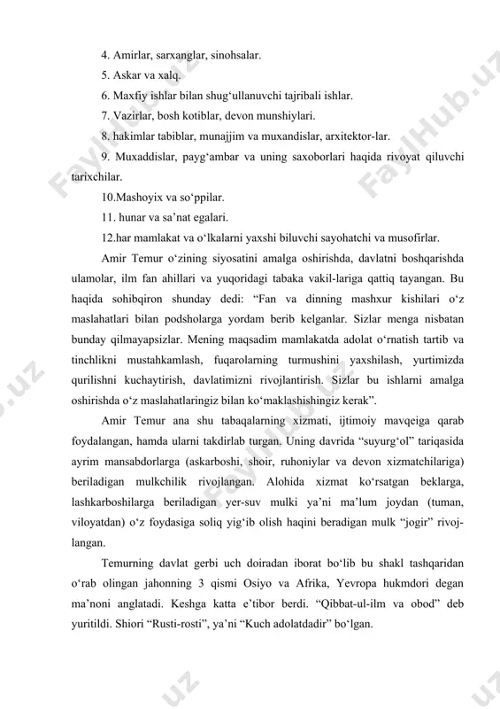 voj-langan. temurning davlat gerbi uch doiradan iborat bo‘lib bu shakl tashqaridan o‘rab olingan jahonning 3 qismi osiyo va afrika, yevropa hukmdori degan ma’noni anglatadi. keshga katta e’tibor berdi. “qibbat-ul-ilm va obod” deb yuritildi. shiori “rusti-rosti”, ya’ni “kuch adolatdadir” bo‘lgan. temuriylar davlatining boshqaruv tizimi amir temur davlatini boshqarishda "tuzuklarda" ko‘rsatilishicha, kengash va maslahatga tayangan. bu haqida uning o‘zi shunday degan: “davlat ishlarining to‘qqiz ulushi kengash, tadbir va mashvarat, qolgan bir ulushi qilichdir.” bunda u albatta o‘z yaqinlari zadogonlar, yirik amaldorlar bilan kengashni nazarda tutgan. bunga qurultoylar shuningdek harbiy yurishlar oldidan qo‘shin boshliq-lari bo‘lgan amirlar va amrzodalar bilan o‘tkazilgan kengashlarni kiritish mumkin. faqat boshqarishda emas, harbiy kengashlarga ayniqsa katta ahamiyat berilgan. yuz ming otliq asar qila olmagan ishni bir to‘g‘ri kengash bilan amalga oshirish mumkin degan fikr bunga guvohlik beradi. amir temur huzurida maslahat kengash organlariga qurultoy va davlat kengashini ko‘rsatish mumkin. qurultoy - bu temur davrida oliy feodal tabaqalarining kengashi bo‘lib, …