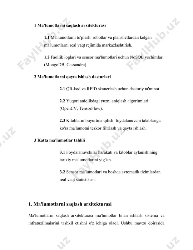 aridan. hddlar katta hajmdagi ma'lumotlarni arzon narxlarda saqlay olishlari bilan, ssdlar tezkorlik bilan ajralib turadi. bulutli xizmatlar esa ko'p foydalanuvchiga mos keladi va xavfsizlikni yuqori darajada ta'minlaydi. 3. **hajm**: bugungi kunda ma'lumotlarning hajmi eksabaytlarga yetishi mumkin. masalan, google'ning qidiruv natijalari uchun saqlanadigan ma'lumotlar bazalari petabayt miqyosida. big data bilan ishlash esa zettabaytlar darajasiga chiqadi. 4. **xavfsizlik**: ma'lumotlar xavfsizligi muhim masala. shifrlash metodlari, foydalanuvchi autentifikatsiyasi va kirish qoidalari ma'lumotlarni himoyalashda ishlatiladi. masalan, aes shifrlash algoritmi keng qo'llaniladi. 5. **zaxiralash strategiyalari**: ma'lumotlarni yo'qotishdan himoya qilish uchun zaxiralash zarur. raid texnologiyalari (masalan, raid 1, raid 5) ko'p foydalanuvchi uchun mo'ljallangan serverlarda qo'llaniladi. bulutli saqlash xizmatlarida avtomatik zaxiralash imkoniyatlari mavjud. 6. **ma'lumotlar markazlari**: katta kompaniyalar o'z ma'lumot markazlariga ega. bu markazlarda minglab serverlar bir vaqtning o‘zida ishlaydi. ma'lumotlarni qayta ishlash va saqlash uchun maxsus sovutish sistemalari va energiya manbalari talab etiladi. facebook, google va amazon kabi kompaniyalarning ma'lumot markazlari dunyodagi eng yiriklaridan. 7. **bajarilish …