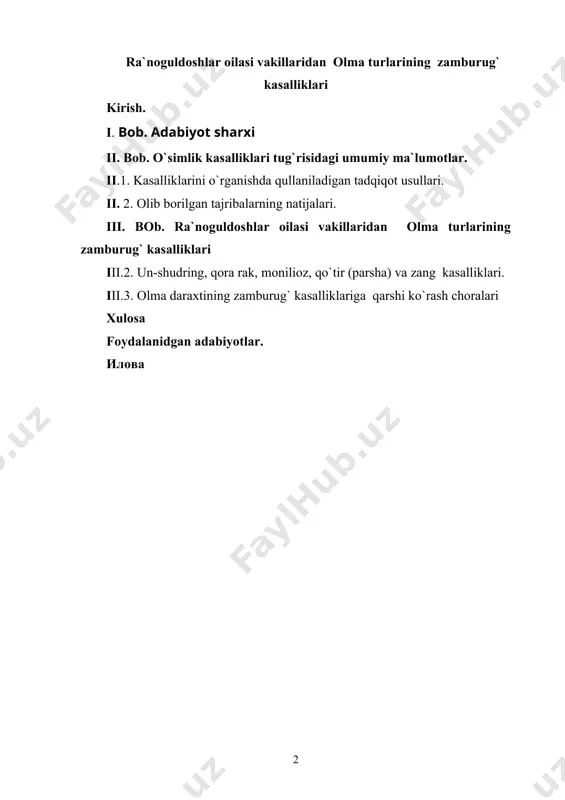 orqali yetishtiriladigan hosil va mevalarni insonlarga rizq qilib bergan ekan, inson o`z rizqiga befarq munosabatda bo`lishi mumkin emas.albatta, dehqonchilik sohasida olinadigan hosil yoki rizq-ro`z insonning mehnati, uning omilkorlik fazilatlariga har tomonlama bog`liq. shuning suchun ham har bir musulmon kishi dunyo obodligini oxirat obodligi bilan uzviy bog`lashi, yurtining har bir go`shasi farovon bo`lishi yo`lida chin ixlosbilan mehnat qilishi farazdir. ota-bobolarimiz azaldan yosh avlodni halol mehnat, kasb-hunar bilan tarbiya qilgan. oilani beminnat rizq- nasiba bilan ta`minlash, yashab turgan hovli- joyi, mahallani obod qilishning yo`li haqiqiy tadbirkorlik bo`lib kelgan. respublikamiz miqyosida ekologik sharoitning o`zgarib borishi mevachilik va bog`dorchilikda har xil kasalliklarning namoyon bo`lishiga sabab bo`lmoqda. ana shu kasalliklarning oldini olish va unga qarshi samarali kurash choralarini ishlab chiqish dolzarb masalalardan biri hisoblanadi. bu muhim masalani yetarli darajada hal etish mevali daraxt kasalliklari va unga qarshi kurash choralarini ilmiy asosda ishlab chiqishni to`g`ri yo`lga qo`yish maqsadga muvofiqdir. biz ushbu bitiruv malakaviy ishimizda ayrim mevali …