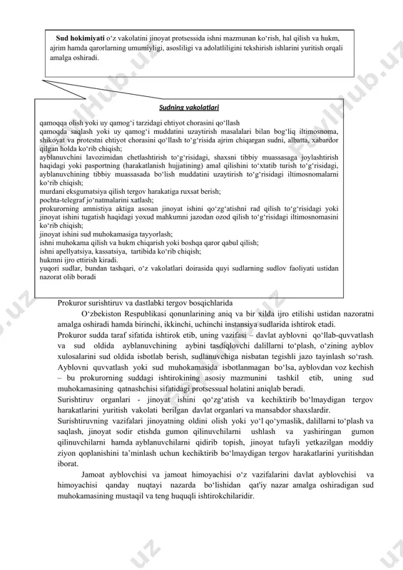 tansiya sudi majlislarida ishtirok etish, rad qilish, sud harakatlari va qarorlari ustidan shikoyat qilish, iltimosnomalar qilish va dalillar taqdim etish, sud majlisi bayonnomasi bilan tanishish, ish bo‘yicha keltirilgan protestlar, apellyatsiya, kassatsiya shikoyatlaridan xabardor bo‘lish va ularga nisbatan e'tirozlar bildirish, oxirgi so‘z bilan chiqish huquqiga ega. jinoyat, shuningdek aqli noraso shaxsning ijtimoiy xavfli qilmishi shaxsga ma'naviy, jismoniy yoki mulkiy zarar yetkazgan deb hisoblash uchun dalillar bo‘lgan taqdirda, bunday shaxs jabrlanuvchi deb e'tirof etiladi. fuqaroviy da’vogar sud majlisiga kelmasa, da’vo ko‘rilmay qoldiriladi. agar da’voni uning ishtirokisiz ko‘rish haqida fuqaroviy da’vogarning iltimosi bo‘lsa, prokuror fuqaroviy da’voni qo‘llab-quvvatlasa yoki sud o‘z tashabbusi bilan da’voni ko‘rib hal qilishni lozim deb topsa, fuqaroviy da’vo ko‘rib chiqiladi. agar fuqaroviy da’vo sud muhokamasida ko‘rilmasa, manfaatdor shaxs sudga fuqarolik tartibida murojaat qilib, da’voni qo‘zg‘atish huquqi saqlanib qoladi. sud muhokamasining mustaqil va teng huquqli ishtirokchisi bo‘lgan fuqaroviy da’vogar va fuqaroviy javobgar ma'lum protsessual huquq va burchlarga ega. fuqaroviy da’vogar fuqaroviy …