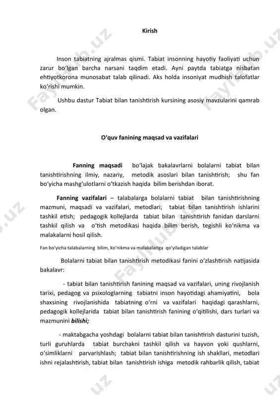 htirish, tabiat bilan uyg‘unlikda yashashga o‘rgatish, bolalarni tabiat hodisalari bilan tanishtirish, ularning mohiyatini tushuntirish kabi malakalarni egallaydi. bu esa uning kasbiy – pedagogik faoliyatida juda muhim sanaladi. fanni o‘qitishda zamonaviy axborot va pedagogik texnologiyalar talabalarning bolalarni tabiat bilan tanishtirish metodikasi fanidan bilimlarni puxta o‘zlashtirishi uchun o‘qitishning ilg‘or va zamonaviy usullaridan, yangi informatsion-pedagogik texnologiyalardan foydalanish muhim ahamiyatga ega. fanni o‘zlashtirishda darslik, o‘quv va uslubiy qo‘llanmalar, ma’ruza matnlari, tarqatma materiallar, elektron materiallardan foydalaniladi. ma’ruza, amaliy va laboratoriya darslariga mos ravishdagi ilg‘or pedagogik texnologiyalar tanlanadi. fanni o‘qitishda «tarmoqlar», «aqliy hujum», «bumerang», «yelpig‘ich», «baliq skeleti» kabi pedagogik texnologiyalardan foydalaniladi. bunda har bir mavzuning o‘ziga xosligi hisobga olinadi. shuningdek, audio-, video-, kompyuter texnikasidan foydalaniladi. asosiy qism fanning nazariy (leksiya) mashg‘ulotlari mazmuni bolalarni tabiat bilan tanishtirish metodikasi - pedagogik fan tabiat bilan tanishtirish metodikasi fanining predmeti, maqsad va vazifalari. tabiat bilan tanishtirish metodikasining fan sifatida shakllanishi. sharq va g‘arb olimlarining tabiat, uning inson hayotidagi o‘rni haqidagi …