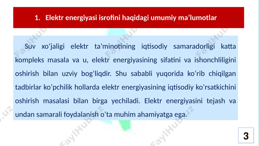 ning optimal darajasini saqlab turish; 15 elektr ta’minoni 3) kichik yuklamalar rejimida ikki transformatorli tizimdagi bitta transformatorini o‘chirish, hamda mavsumiy ish rejimlari (nasos stansiyalarining ta’mirlash, profilaktik sinovlar va suv ta’mioti to‘xtatilgan) da transformatorlarni tarmoqdan ajratib quyish; 16 elektr ta’minoni 4) kuchlanishi 0,38 kv. li tarmoqlarda fazalar aro yuklamani simmetrik xolga keltirish (fazalarning teng yuklanishi); 17 elektr ta’minoni 5) elektr uzatish liniyalari, transformatorlar va tarqatish qurilmalaridagi ta’mirlash va profilaktik sinovlar muddatini qisqartirish; 18 elektr ta’minoni 6) podstansiyaning shaxsiy ehtiyojlarga sarflanadigan energiyasini minimallashtirish; 19 elektr ta’minoni tashkiliy hamda elektr energiyasi sarfini hisoblash tizimni takomillashtirish odatda boshlang‘ich kapital quyilmalar sarfini talab etmaydi, shu sababli uni doimiy o‘tkazib turish maqsadga muvofiq. texnik tadbirlarni o‘tkazish bir oz o‘zgacharoq bo‘lib kapital qo’yilmalarni kiritishni talab etadi. 20 elektr ta’minoni suv xo‘jaligi elektr tarmoqlarida texnik tadbirlarni o‘tkazish quyidagilardan tashkil topadi: 1. elektr tarmoqlarida quvvatni avtomatik o‘zgartiruvchi qurilmali kondensator batareyalarini joriy etish elektr quvvatni avtomatik o‘zgartiruvchi qurilmali kondensator batareyalari, …