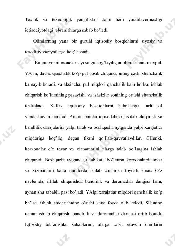 va shuningdek, boshqa sabablardan kelib chiqadi. u doimo mavjud bo’lib, ma’lum bir darajada kerakli hisoblanadi. tarkibiy ishsizlik. tarkibiy ishsizlar guruhiga ishlab chiqarish strukturasining o’zgarishi natijasida ishchi kuchiga talab tarkibining o’zgarishi natijasida ishsiz qolganlar kiradi. unga asosan malakalarini o’zgartirishi va oshirishi, ma’lumot olishi, yangi kasb egallashi lozim bo’lgan ishsizlar guruhlari kiradi. friksion ishsizlik bilan tarkibiy ishsizlikning asosiy farqi shundaki, birinchisida, ma’lum malaka va tajriba mavjud bo’ladi va undan foydalanib, ish joylarini tezroq topib olishadi, ikkinchisida esa, ishchi kuchi darhol va tezroq ish joylarini topa olmaydi. davriy ishsizlik asosan ishlab chiqarishning pasayishi natijasida ishchi kuchiga bo’lgan talabning kamayishidan paydo bo’ladi. davriy pasayish tovar va xizmatlarga bo’lgan yalpi talabning kamayishini, shunga muvofiq, yalpi tatalabning kamayishini, va oqibatda aholining ish bilan bandligi qisqarishi va ishsizlikning o’sishini bildiradi. to’la ish bilan bandlik ishchi kuchining 100 foiz ish bilan ta’minlanganligini bildirmaydi. aksincha, friksion va strukturali ishsizlik ilojsiz hol bo’lganligini hisobga olsak, biz mutlaq to’la ish bilan …