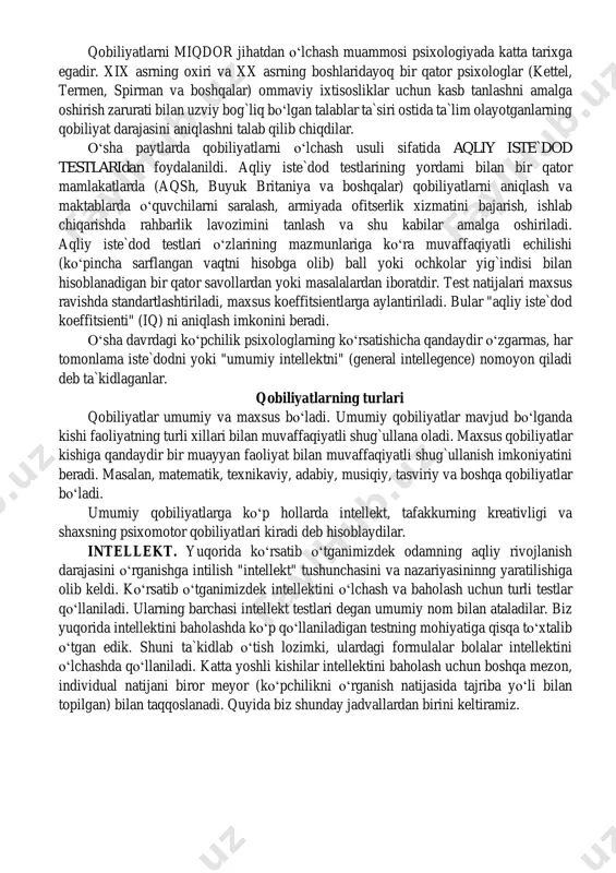 aoliyatda nomoyon bo‘ladi. idrok etish paytida,masalan, ranglarning tovlanishidagi nozik farqlar, predmetlarning aniq ko‘rinishi, proportsional nisbatlarni tushunish (rassomlar ishida), absolyut eshitish (musiqa bilan shug`ullanishda) va hokozolarda ayon bo‘ladi. yozuvchi ixtirochining mehnatida ayniqsa zarur bo‘ladigan ijodiy xayol ham qobiliyatlar uchun katta ahamiyatga ega. qobiliyatlarning sifat va miqdor harakteristikasi qobiliyatlar individual-psixologik xususiyatlar sifatida harakterlanadi, ya`ni bir odamning boshqa odamdan farq qiladigan sifatlarini ochib beradi. o‘z-o‘zida ma`lumki kishilar teng emas. mana shuning uchun qobiliyatlar haqida gapirganda, bu farqlarni harakterlab o‘tish zarur. ular sifat va miqdor jihatdan harakterlanishi, farq qilishi mumkin. qobiliyat xususiyatlarining sifat tomonidan qaralishi maqsadga turli yo‘llar bilan borishga imkon beruvchi "o‘zgaruvchan miqdor" to‘plami sifatida, faoliyat muvaffaqiyatini ta`minlovchi psixologik xususiyatlarning murakkab kompleksi sifatida ko‘rinadi. qandaydir faoliyatni bajarishdagi bir xil yoki nimalar bilandir o‘xshash yutuqlar asosida juda xilma xil qobiliyatlar birikmasi yotishi mumkin. bular bizning ko‘z o‘ngimizda shaxs qobiliyatlarining muhim tomonini ochib beradi: bir xususiyatning o‘rnini boshqa bir xususiyatlar bilan to‘ldirish (kompensatsiya qilish) ning …