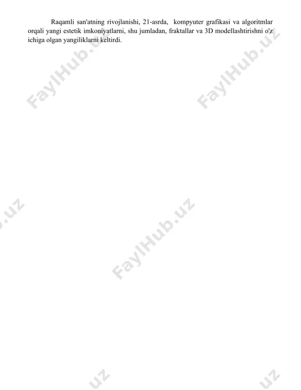 ng rivojlanishi, 21-asrda, kompyuter grafikasi va algoritmlar orqali yangi estetik imkoniyatlarni, shu jumladan, fraktallar va 3d modellashtirishni o'z ichiga olgan yangiliklarni keltirdi. 📌xulosa дунёни эстетик англаш санъатнинг муҳим асосидир, чунки у ижодкорнинг ички дунёсини бойитиб, янгича образлар яратишга ва асарларга чуқур маъно беришга имкон беради. шунинг учун эстетик идрок санъат ривожи учун зарурдир. 📚foydalanilgan adabiyotlar 1. гумбольдт, в. "жаҳонни эстетик идрок этишнинг бадиий аҳамияти". (гу́мбольдт, в. "о художественном значении эстетического восприятия мира" таржимаси) 2. кант, и. "эстетик ҳукмларнинг табиати тўғрисида". (кант, и. "о природе эстетических суждений" таржимаси) 3. хейзинг, й. "гомо люденс". (хейзинг, й