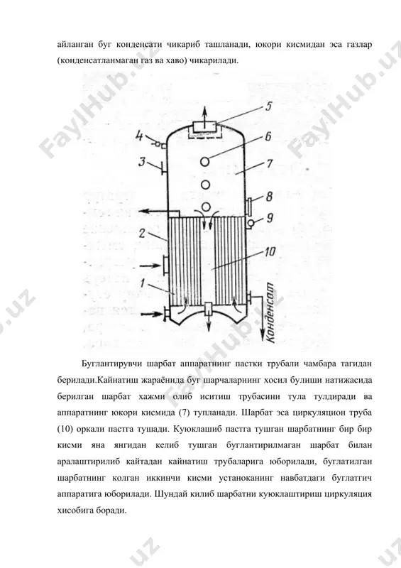 г куринишида буглантириб чикарилади. i корпусдан шарбат ii, iii, iv корпулар ва концентратга уйиб керакли зичликкача куюклаштирила​ди. трубогенератордаги ишлатилган буг факат i корпуснинг буг ка​мерасига берилади, колган корпуслар корпуслпрда хосил булган ик​киламчи буг билан иситилади, балки унда босимнинг тушиши хисоби​да сув уз-узидан бугланади. i корпусда хосил буладиган иккиламчи бугнинг бир кисми тепнасос (4) ёрдамида бугйиггич (5)га юборила​ди. буглатгич установкаси корпусларига ажратилган иситувчи ва 2- лаичи буг босими хамда керакли харорат куйидаги жадвалда келтирилган. шарбат ва бугнинг курсаткичлари корпуслар концентрат i ii iii iv харорат, с: иситувчи буг шарбатнинг кайнаши иккиламчи буг конденсат. хароратнинг фойдали фарки,с депрессия харорати, с буг босими, мпа: иситувчи иккиламчи 123 126 125,5 130 6 0,5 0,292 0,241 124,5 117 116 122,5 7,5 1 0,233 0,178 115 104,5 102 113 10,5 2,5 0,172 0,111 101 89 85 99 12 4 0,107 0,059 84 68,4 65 82 15,6 3,4 0,057 0,0255 бу концентратли 4-корпусдан иборат установка (вку) пред …