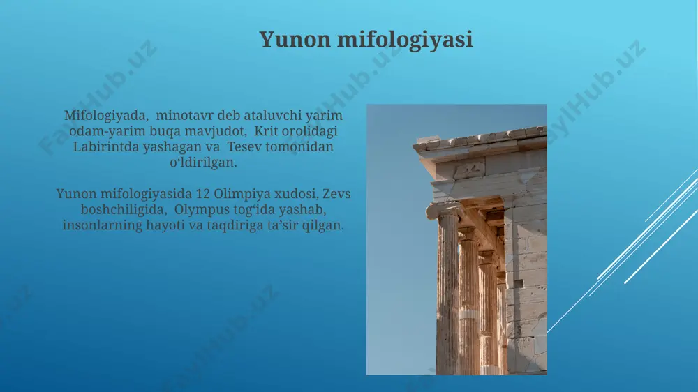 ing muhim markazi bo'lgan. qadimgi yunon musiqasi qadimgi yunon musiqa nazariyasi, ptolemeyning "harmonika" asarida aks ettirilganidek, matematik va numerologik tamoyillarga asoslangan edi. qadimgi yunoniston musiqasida avlos deb atalgan naysimon cholgʻular, masalan, 7 ta teshikli diod va 6 ta teshikli monavlos, keng tarqalgan edi. qadimgi yunon falsafasi qadimgi yunon falsafasining epikurizm va stoitsizm kabi 2 ta yirik yo'nalishi shaxsning ma'naviy hayotini tushunishga va baxtga erishish yo'llarini aniqlashga qaratilgan edi. qadimgi yunon falsafasida, miloddan avvalgi 5-asrda afina shahrida tug'ilgan sokrat singari buyuk mutafakkirlarning 3 ta asosiy maktabi – sofistlar, platonchilar va aristotelchilar paydo bo'ldi. e'tiboringiz uchun rahmat @taqdimot_robot image1.jpg image2.jpg image3.jpg image4.jpg image5.jpg image6.jpg image7.jpg image8.jpg image9.jpg image10.jpg image11.jpg image12.jpg image13.jpg image14.jpg image15.jpg image16.jpg image17.jpg