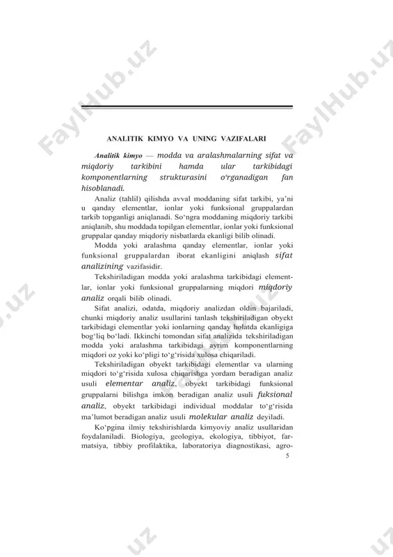 agi katta xizmatlar i.y.berselius va y.libixga tegishlidir. xix asrning 20-yillarida j.gey-lyussak miqdoriy analizning hajmiy usulini yaratdi. r.bunzen va g.kirxgof xix asrning o‘rtalarida spektral analizni ishlab chiqdilar. rus kimyogari d.i.mendeleyev tomonidan kimyoviy ele- mentlar davriy qonunining ochilishi va bu qonun asosida ele- mentlar davriy sistemasining yaratilishi analitik kimyo fanining rivojlanishiga beqiyos hissa qo‘shdi. kimyoviy elementlar davriy sistemasi asosida atomning tuzilish nazariyasi rivojlantirildi. u yangi sifat reaksiyalarini ochish, shuningdek, aniqlash usulla- rini yaratish uchun elementlarning xossalaridagi o‘xshashlik- lardan foydalanish imkonini berdi. d.i.mendeleyevning zamondoshi n.a.menshutkin vodorod sulfid usuli bo‘yicha kationlarni analitik gruppalarga bo‘lishni taklif etdi. analitik kimyo fanining rivojlanishida 1871- yilda n.a.menshutkin tomonidan yozilgan „analitik kimyo“ darsligi katta rol o‘ynadi. m.a.ilinskiy va l.a.chugayevlar birinchi bo‘lib kimyoviy tekshirishlarda organik reaktivlarni qo‘llab, analitik kimyo fanining rivojlanishiga o‘zlarining salmoqli hissalarini qo‘shdilar. n.a.tananayev fanga juda oddiy va iqtisodiy jihatdan tejamkor tomchi usuli bilan analiz qilishni kiritdi. s. arrenius tomonidan 1887- yilda elektrolitik dissotsilanish nazariyasining ishlab chiqilishi analitik …