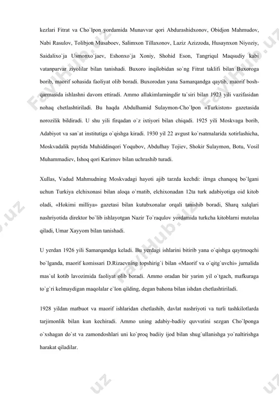 a o`qitg`uvchi» jurnalida mas`ul kotib lavozimida faoliyat olib boradi. ammo oradan bir yarim yil o`tgach, mafkuraga to`g`ri kelmaydigan maqolalar e`lon qilding, degan bahona bilan ishdan chetlashtiriladi. 1928 yildan matbuot va maorif ishlaridan chetlashib, davlat nashriyoti va turli tashkilotlarda tarjimonlik bilan kun kechiradi. ammo uning adabiy-badiiy quvvatini sezgan cho`lponga o`xshagan do`st va zamondoshlari uni ko`proq badiiy ijod bilan shug`ullanishga yo`naltirishga harakat qiladilar. vadud mahmud1919-1930 yillari turkiston, buxoro matbuotida faol ishtirok etadi. cho`lpon, fitrat ijodi haqida maqola-taqrizlar yozadi. o`zbek shoirlari, xususan, cho`lpon va fitrat ijodi haqida abdurahmon sa`diy bilan «turkiston» va «zarafshon» gazetalari sahifalarida bahs olib boradi. sevimli adib do`stlari faoliyati haqida hali kuch olmagan bolshavoycha dunyoqarash nuqtai nazaridan emas, balki insonni kamolotga, go`zallik manzillariga chorlash nuqtai nazaridan fikr yuritadi. chig`anoq ichiga yashiringan dur singari so`z og`ushidagi o`tkir va teran ma`nolar, parvozlantiruvchi, qalb​larni porlatuvchi suluv timsollar, ramzlar, tashbehlar xususida fikr yuritadi. 1925-1928 yillari «maorif va o`qitg`uvchi» jurnali, «qizil bayroq», «turkiston» gazetalarida bosilgan …