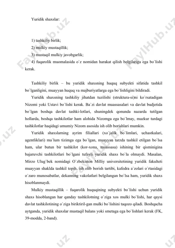 ridan tushgan dividendlardan va qonunda man etilmagan o`zga manbalardan tashkil topadi. bu sohada ayrim cheklovlar ham bor. chunonchi, siyosiy partiyalar davlat organlaridan, korxonalar, muassasalar va tashkilotlardan, xori-jiy davlatlar va tashkilotlardan, xalqaro tashkilotlardan, chet el fuqarolari va fuqaroligi bo`lmagan shaxslardan, diniy tashkilot-lardan, anonim xayriya beruvchilardan mablag`lar va boshqa mol-mulklar olishi taqiqlanadi[42]. davlat tashkilotlari davlatga qarashli mulkka nisbatan to`la xo`jalik yuritish yoki operativ boshqarish huquqigagina egadirlar. kooperativlar va jamoat tashkilotlari, ularning birlashmalari o`zlariga mulk huquqi asosida tegishli bo`lgan mulkni egallaydi. alohida mulkka ega bo`lmagan yoki mustaqil ravishda boshqara ol-maydigan va shu sababli boshqa shaxslar bilan xo`jalik munosa-batlarida bo`la olmaydigan tashkilotlar fuqarolik huquqining subyekti bo`lib hisoblanmaydi. mustaqil mulkiy javobgarlik – shundan iboratki, yuridik shaxs hisoblangan tashkilot o`z majburiyatlari yuzasidan o`ziga tegishli bo`lgan (davlat tashkiloti esa, o`ziga biriktirib qo`yilgan) mulki bilan javob beradi. yuridik shaxs hisoblangan davlat tashkilotlarining majburiyatlari yuzasidan davlat javobgar bo`l-maydi, bu tashkilotlar ham davlat tashkilotlari majburiyatlari yuzasidan javobgar bo`lmaydilar. davlat budjetida …