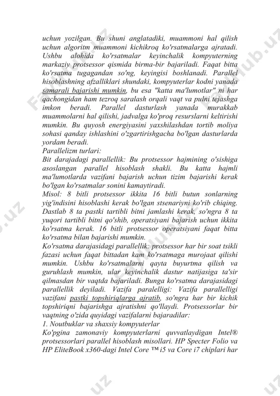 protsessorlar bir vaqtning o'zida quyidagi vazifalarni bajaradilar: 1. noutbuklar va shaxsiy kompyuterlar ko'pgina zamonaviy kompyuterlarni quvvatlaydigan intel® protsessorlari parallel hisoblash misollari. hp specter folio va hp elitebook x360-dagi intel core ™ i5 va core i7 chiplari har http://kompy.info/kompyuter-injineringi-v3.html http://kompy.info/algoritmlarni-loyihalash-mustaqil-ishi.html birida 4 ta ishlov berish yadrosi mavjud. hp z8 - dunyodagi eng qudratli ish stantsiyasi - 56 yadroli kompyuter quvvatiga ega to'plamlar, bu unga 8k videoda real vaqtda videoni tahrirlash yoki murakkab 3d simulyatsiyalarini bajarishga imkon beradi. 2. illiac iv bu asosan illinoys universitetida qurilgan birinchi "massiv" parallel kompyuter edi. mashina 1960-yillarda nasa va aqsh havo kuchlari yordamida ishlab chiqilgan. unda bir vaqtning o'zida 131 072 bit bilan ishlashga qodir bo'lgan 64 ta ishlov berish elementlari bo'lgan. 3. nasa kosmik transporti kompyuter tizimi space shuttle dasturi parallel ravishda 5 ta ibm ap-101 kompyuteridan foydalanadi. ular "shuttle" ning avionikasini boshqaradi, real vaqt rejimida katta miqdordagi tezkor ma'lumotlarni qayta ishlaydi. mashinalar soniyasiga 480 …