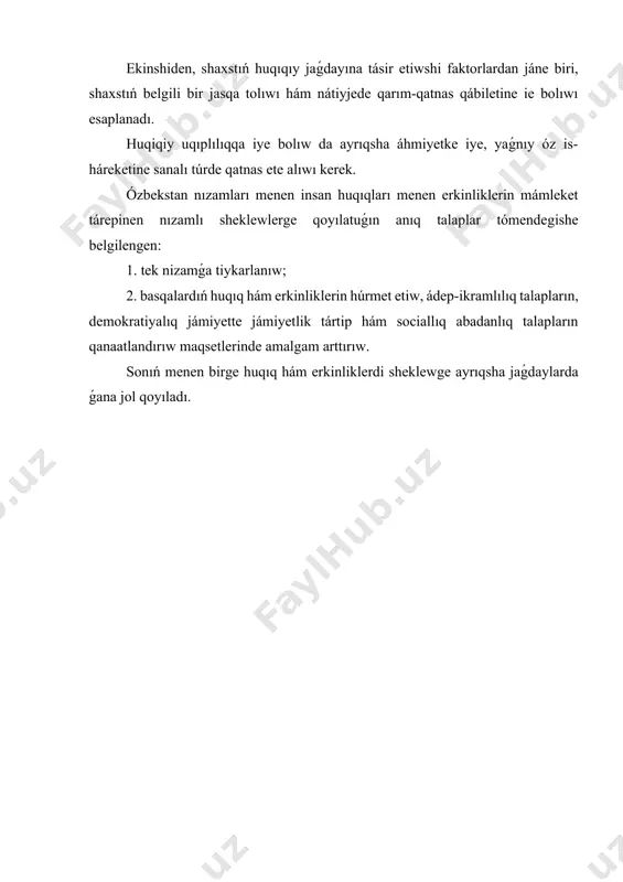 ına "puqaralıq" ataması qabıl etildi. ózbekstan respublikası ǵárezsiz rawajlanıw jolına shıǵıp, óz aldına ásirler dawamında ózbek xalqınıń arzıǵan demokratiyalıq, ádil, puqaralıq jámieti hám huqıqıy mámleket qurıw wazıypasın qoydı, qabıl etken puqaralıq haqqındaǵı huqıqıy hújjetlerde bolsa óziniń insanıylıq ruwxında ekenligin kórsetti. puqaralıq degende, insannıń huqiqiy yaki siyasiy-huqiqiy jaqtan qorǵalıwı hám nizamlı mápleriniń usı mámleket ishinde hám onnan sırtta qorǵalıwı túsiniledi. ózbekstan respublikası puqaralıǵı, jańa túrdegi jámiet hám shaxs arasındaǵı qatnasıqlardan kelip shıǵıp, tómendegi sociallıq qaǵıydalarǵa tiykarlanadı: • mámleketimiz aymaģında jasaytuģın barlıq millet hám xalıqlardıń tili, dinine qaramastan teń huqıqlılıǵı; • erler hám hayal-qızlar teńligi; • puqaralardıń jeke, sociallıq kelip shiģıwı, múlki, sociallıq statusına qaramastan nizam aldında teńligi; • puqaralıqqa qanday túrde iye bolganına qaramastan, olardıń huqiqiy halatınıń birdey belgilengenligi; • pútkil ózbekstan aymaģında birden-bir puqaralıq ornatılganlıǵı; • "eki mámleket puqarası" boliw nizam menen qadaǵan etilgenligi; • puqaralıq alıw hám toqtatıw tártibi huqiqiy sheshilgenligi; • ata-analardıń puqaralıǵı ózgergende balalardıń puqaralıǵın ózgertiw tártibi …