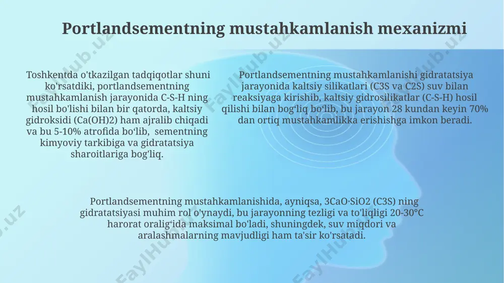 iqish kuchini o'lchash qo'llaniladi, bu esa 30 mpa dan kam bo'lmasligi kerak. sementning donadorligi va nozikligi, masalan, blaine usuli bilan o'lchangan 300-500 m²/kg oralig'ida bo'lishi, samarqand viloyatidagi sement zavodlarida sifat nazoratining muhim ko'rsatkichlaridan biri hisoblanadi. e'tiboringiz uchun rahmat @taqdimot_robot image1.png