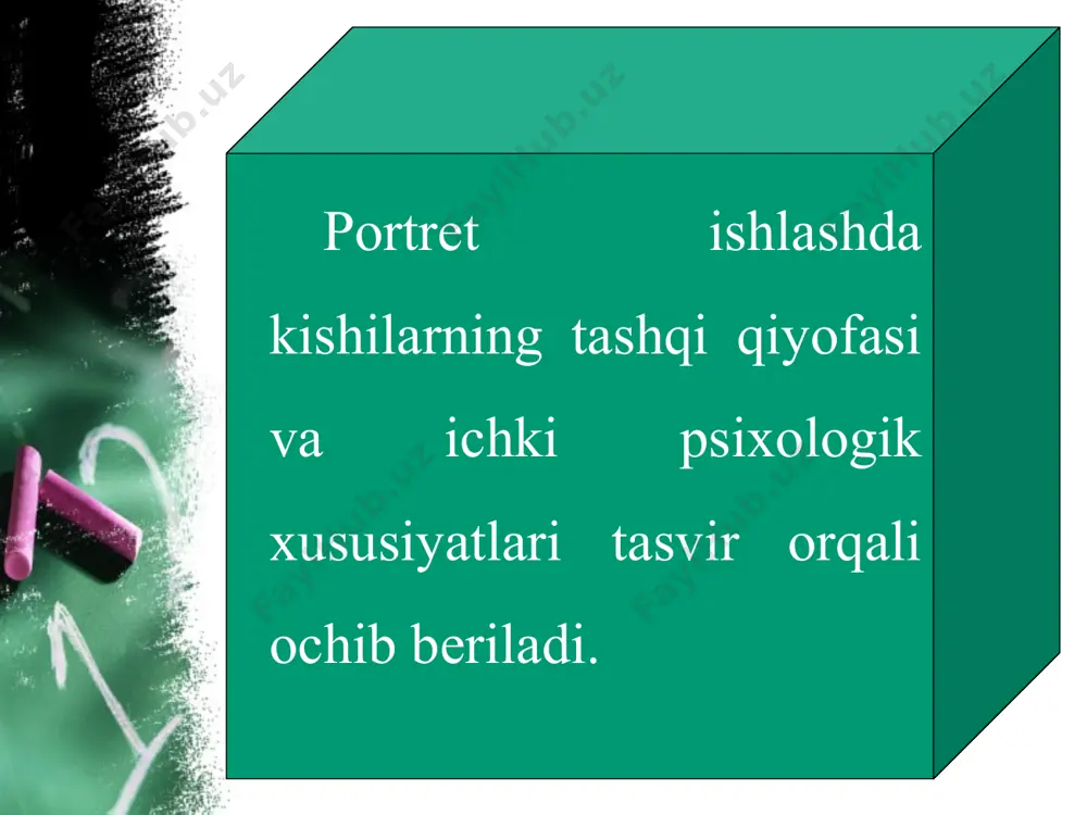 sarlar portretlari yorqin misol bo‘lib xizmat qiladi. ularning zamirida qandaydir ma’no yotganligini, xarakterining ochib berilishi va buyuk insonning ichki kechinmalarini ilg‘ab olish mumkin. mashhur o‘zbek musavvirlari abdulhaq abdullayev, rahim ahmedov, chingiz ahmarov, malik nabiyev va ko‘pgina boshqa rassomlar bu mavzuda ajoyib portretlar yaratganlar. abdulhaq abdullayev tomonidan yaratilgan portretlar, «men sevgan qahr amon» mavzusiga yaqin bo‘lgan asarlari respublikamizning mashhur yozuvchilari, shoirlari, olimlari va artistlarining siymolari galereyasidan o‘rin olgan, u psixologik portretlarning zukko ustasidir.