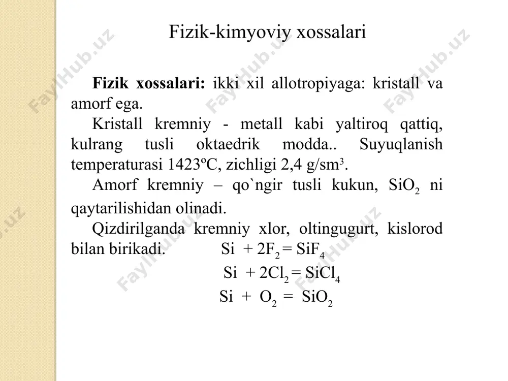 aliligi kuchli amfoter oksiddir. ishqorlar bilan ta’sirlashib germanat kislota tuzlarini hosil qiladi. geo2 + 2naoh = na2geo3 + h2o qalay. yer po’stlog’ida 6·10–4 % tashkil etadi. tabiatda sno2 tarzida uchraydi. kumush rang oq tusli yumshoq metall, suyuqlanish temperaturasi 231,9ºc, zichligi 7,3 g/sm3. odatdagi sn kulrang tusli zichligi 5,8 g/sm3 allotropik shakl o’zgarishga aylanadi. oq tusli sn ning kulrangga aylanish vaqtida uning hajmi ortib kukunga aylanadi. bu qalay vabosi deyiladi. suyuq sn qotganda yirik kristallar hosil bo’ladi. qalaydan tayyorlangan tayoqchalar egilganda undan o’ziga xos gijirlash ovozi chiqadi. sababi egashgan qalayning ayrim kristallari bir-biriga ishqalanadi. qalayni prokatga qilib yupqa taxtalar, zarlar hosil qilishi mumkin, korroziyalanmaydi. odatdagi sharoitda oksidlanadi, suyultirilgan kislotalarda eriydi. sn + 2naoh = na2sno2 + h2 sn + 2hcl = sncl2 + h2 konsentrlangan nitrat kislota qalayni oksidlab stanat kislotaga aylantirish. . 3sn + 4hno3 + h2o = 3h2sno3 +4no sn + 4h2so4(kons) = sn(so4)2 + 2so2 + 4h2o sn …