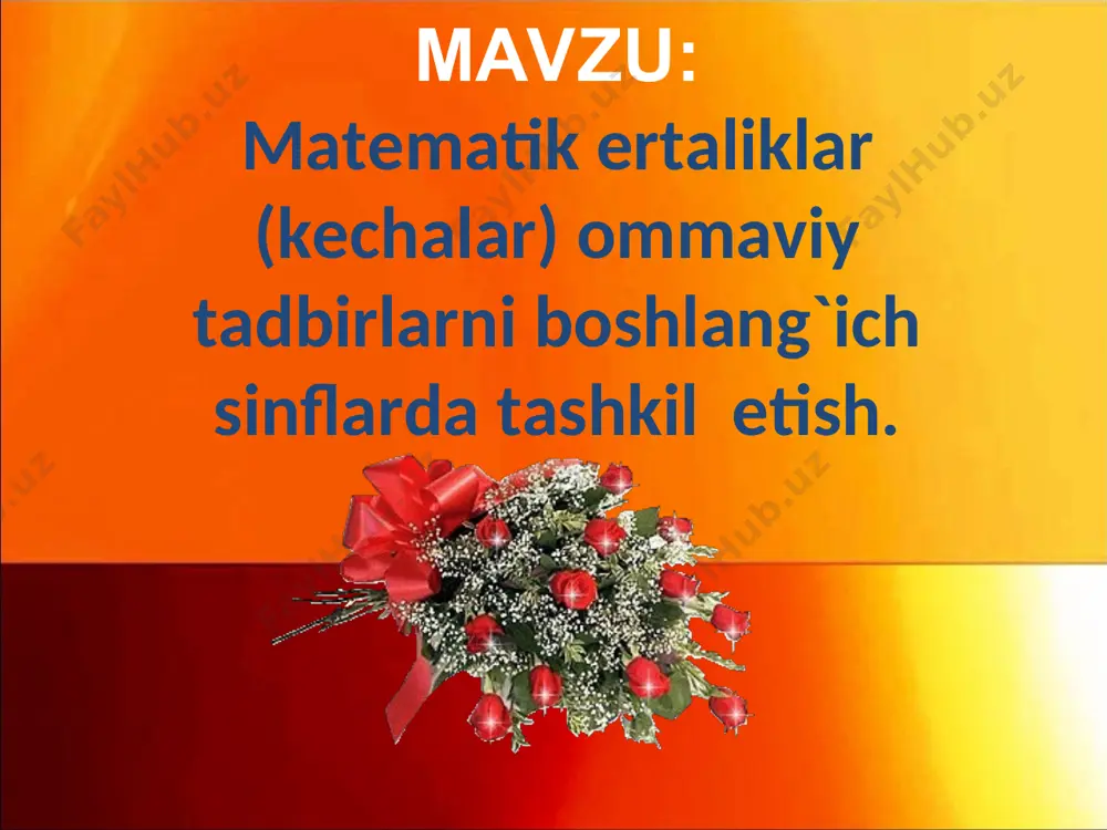 shkil qilish. matematikadan sinfdan tashqari ishlar deganda o‘quvchilar darsdan tashqari vaqtda tashkil qilingan dastur bilan bog‘liq bo‘lgan material asosida ixtiyoriylik tamoyiliga asoslangan mashg‘ulotlar tushuniladi. * * http://aida.ucoz.ru http://aida.ucoz.ru sinfdan tashqari ishlar orqali quyidagilar amalga oshiriladi: bilimlarni va amaliy ko‘nikmalarni chuqurlashtirish hamda kengaytirish; o‘quvchilarning mantiqiy tafakkurlarini, topqirliklarini, matematik ziyrakliklarini rivojlantirish; matematikaga qiziqishlarini orttirish, qobiliyatli va layoqatli bolalarni topish, talabchanlik, irodani tarbiyalash, mehnatga muhabbat, mustaqillik, uyushqoqlik va insoniylikni tarbiyalash. * * http://aida.ucoz.ru http://aida.ucoz.ru matematika darslarini samaradorligini oshirishda tarixiy materiallardan foydalanish darslar tizimi 1 natural sonlarni raqamasiyasi va ular ustida arifmetik amallaryashash uchun raqamlarni zarurligi, uni xalq ijodiyoti va qadriyatlarida ifodalanishiraqamlarni paydo bo‘lish zaruriyati va asoschilari al-xorazmiyning «hind kitobi» risolasi ahamiyatini bilishva vatanparvarlik hissiyotini tarbiyalash.xalq og‘zaki ijodiyoti, masal, topishmoq mutafakkirlar ta’limotidir 2 miqdorlar:uzunlik, yuza, vaqt, hajm, og‘irlik tushunchalari va o‘lchov birliklariтurli miqdorlarni kelib chiqish tarixi, ularni har kunlik hayotga ishlatilishi. o‘quvchilarni aniq, mantiqiy fikrlashga o‘rgatisho‘nli pozision tizimini o‘lchov birliklarida tatbiq etilishi. o‘quvchilar ongli …