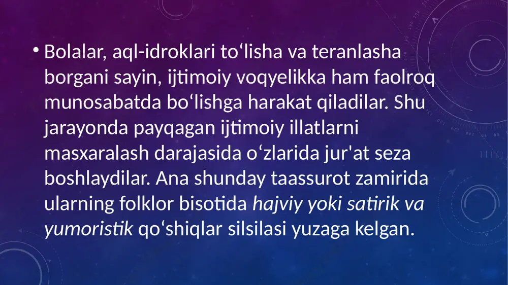 yumoristik ruhda bo‘ladi. lirik allalar asosiy ko‘pchilikni tashkil etadi. ular mavzu-motiv mohiyatiga ko‘ra avaylovchi, maishiy va tarixiy yo‘nalishga ega. ularning marosimga aloqador namunalari ham mavjud. asosan, motam allalari deb yuritiluvchi bu turkumning o‘lim allalari- marhum tilidan aytiladigan allalar, chaqaloq o‘lganda sadr tushib aytiladigan allalar singari yig‘i tiplari va yo‘qlov allalaridan iborat ichki xillari aniqlangan. avaylovchi allalar ancha keng tarqalgan bo‘lib, asosan, bolalarni erkalash, ularni o‘rab olgan muhit bilan tanishtirish, faqat o‘zlarigagina bog‘liq bo‘lgan narsalarni poetik ta'riflay turib, bola taqdirini orzular silsilasida ko‘rish motivlariga limmo-lim. bu jihatdan, ayniqsa, bola beshigining poetik ta'rifiga alohida e'tibor berilganini qayd etish lozim. axir beshik-go‘dakning uyi-da, u shu beshikdagina orom olishi, shunday paytlarda esa, ona o‘z yumushlarini amalga oshirishi mumkin. сафаров о., ўраева д, нарзуллаева д. мотам аллалари ҳақида мулоҳазалар. // ўта, 5-сон, 30-34-бетлар. яна: ўраева д. ўзбек мотам маросими фольклори. тошкент: «фан», 2004, 36-44-бетлар. яна: бўзлардан учган ғазал-ай. бухоро, 2004, 98-110-бетлар. foydalanish uchun adabiyotlar: islom …