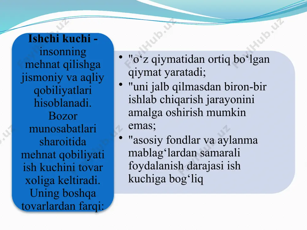 avob beruvchi ilg‘or shakl va tizimlarini qo‘llash. 3.mehnat unumdorligi mehnat unumdorligi deb - ishchi kuchining vaqt birligi mobaynida mahsulot yaratish qobiliyatiga aytiladi va ishlab chiqarilgan mahsulotning (isteʼmol qiymatining) sarflangan mehnat miqdoriga nisbati bilan belgilanadi. agar mehnat unumdorligini mu, mahsulotni m bilan, sarflangan ish vaqtini v bilan belgilasak, mehnat unumdorligi quyidagicha aniqlanadi: 4. sanoat korxonalarida ish haqini tashkil qilish mehnatga xaq to‘lashning ishbay va vaqtbay usullari mavjud. mehnatga ishbay xaq to‘lash ishlab chiqarilgan mahsulot (bajarilgan ish, ko‘rsatilgan xizmat) uchun to‘lanadigan xaqni anglatadi. mehnatga vaqtbay xaq to‘lash tarif tizimida ko‘zda tutiluvchi ishlab berilgan vaqt - kalendar vaqt emas, balki meʼyoriy vaqt uchun to‘lanadigan xaqni anglatadi. vaqtbay - mukofotli xaq to‘lashda ishchi ishlab bergan vaqtiga xaq olishdan tashqari, ushbu ish xaqiga maʼlum bir foiz xisobida mukofot xam oladi. 5. ishlab chiqarish resurslarining o‘zaro taʼsir mexanizmi ishlab chiqarishni tashkil etishni takomillashtirish asosida samaradorlikni oshirishning eng muhim masalalari: 1. ishlab chiqarish jarayonlaridagi ayrim jarayonlarni operatsiyalarga …