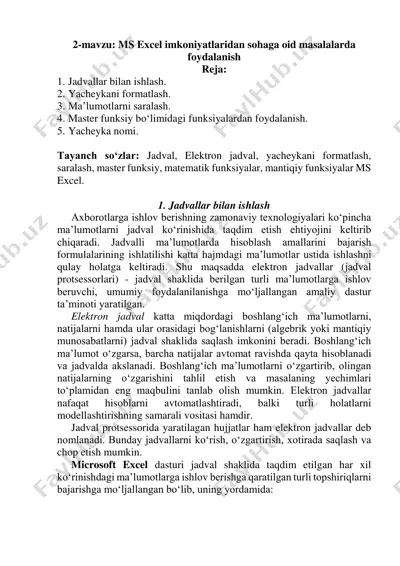 ms excel imkoniyatlaridan sohaga oid masalalarda foydalanish — PDF