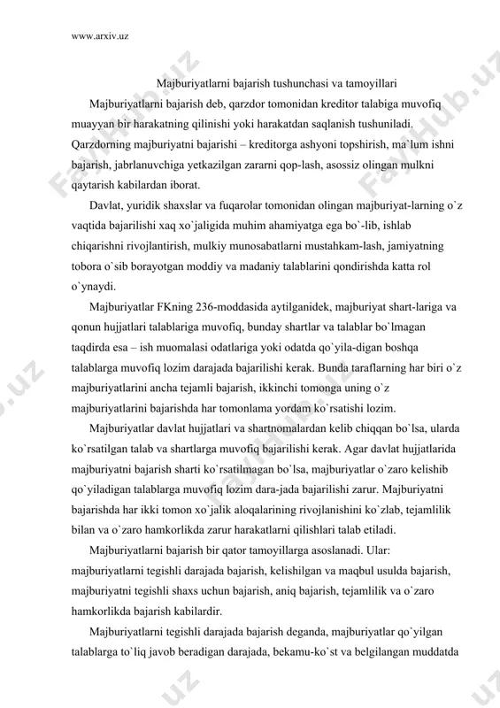 jburiyatni tegishli shaxs uchun bajarish, aniq bajarish, tejamlilik va o`zaro hamkorlikda bajarish kabilardir. majburiyatlarni tegishli darajada bajarish deganda, majburiyatlar qo`yilgan talablarga to`liq javob beradigan darajada, bekamu-ko`st va belgilangan muddatda bajarilishi nazarda tutiladi. huquqiy munosabatlar-da qatnashuvchi shaxslar o`z majburiyatlarining lozim darajada bajarili-shidan bab-baravar manfaatdor bo`lishlari, bir-birlariga ko`maklashishlari farq qilinadi. majburiyatlarning lozim darajada bajarilishi jamiyat manfaati hamda uning tobora o`sib borayotgan moddiy va madaniy talablarini qondirishga qaratilgan bo`lishi lozim. bozor munosabatlari sharoitida majburiyatlarni tegishli ravishda bajarilishidan nafaqat majburiyat o`z foydasiga bajarilayotgan subyekt, balki oxir-oqibatda jamiyatning har bir a`zosi manfaatdor bo`ladi. chunki barcha xo`jalik yurituvchi subyekt tomonidan o`z majburiyatini lozim darajada bajarmasligi boshqa subyektlar uchun ham, garchi ular bevosita bunda kreditor sifatida qatnashmasalarda, salbiy oqibatlar keltirib chiqarishi mumkin. majburiyatlarni tegishli ravishda bajarish ularni qonun hujjatlariga, shartnoma shartlariga, ish muomalasi odatlariga, odatda qo`yiladigan talablarga muvofiq ravishda shartnoma narsasining sifati, miqdori, hajmi bo`yicha o`z vaqtida bajarilishini anglatadi. majburiyatlarni bajarishning yana bir tamoyili – bu majburiyatlar …