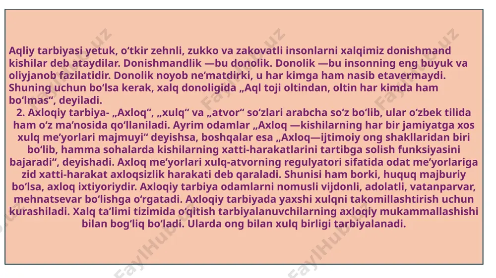 ogik faoliyatni o‘z ichiga oladi. badiiy tarbiya esa, san’at (adabiyot, musiqa, qo‘shiq, tasviriy va san’atning boshqa yo‘nalishlari) vositasida shaxsda estetik his-tuyg‘ularni shakllantirishni nazarda tutadi. nafosat tarbiyasi insonda go‘zallikni his qilish tuyg‘usining shakllanishiga yordam beradi, uni rivojlantiradi. inson doimo o‘z hayotini go‘zallik asosida qurishga intiladi. nafosat tarbiyasi axloqiy, aqliy, huquqiy, ekologik, jismoniy va mehnat tarbiyasi bilan chambarchas bog‘liqdir. 6. ekologik tarbiya- davr talabiga ko‘ra, yana boshqa yo‘nalishda ham ish olib borish talab etilmoqda. u ham bo‘lsa ekologik tarbiya masalasidir. ekologik tarbiya, albatta, ekologik bilim asosida shakllanadi, lekin u o‘ziga xos xususiyatlarga ham ega. ekologik tarbiya insonda tabiatga nisbatan to‘g‘ri, oqilona munosabatni shakllantirish masalasi ustida ish olib boradi va o‘z oldiga o‘quvchilarda ekologik madaniyatni shakllantirishdek maqsadni qo‘yadi. ekologik tarbiyaning mazmuniga ekologik onglilik, ekologik his-tuyg‘ular (tabiatga, insonlarga, hayotga nisbatan munosabatlar) kiradi. demak, ekologik tarbiya inson hayotida, jamiyatda, vatanda muhim ahamiyat kasb etadi. ekologik tarbiyaning shakllanishiga ekologik bilimlarni egallash bilan bir qatorda ekologik munosaba …