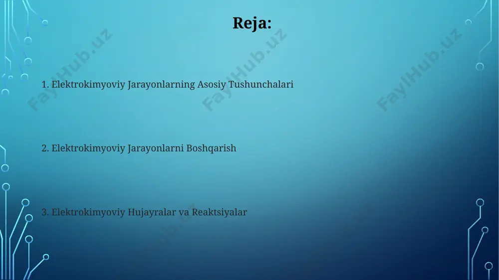 amasi bilan aniqlanadi va bu potentsial ion konsentratsiyasining logarifmik funksiyasi bo'lib, 25°c da 59 mv/n ga teng bo'lgan qiymati bilan bog'liq. elektroliz jarayoni elektroliz jarayonining samaradorligi 80-95% oralig'ida bo'lib, qolgan qismi yon reaksiyalar va energiya yo'qotishlariga sarflanadi. elektrolizda faraday qonunlari muhim rol o'ynab, ajralib chiqqan moddaning massasi elektrod orqali o'tgan elektr zaryadining miqdoriga to'g'ridan-to'g'ri proportsionaldir. korroziyadan himoya qilish usullari anod himoyasi usulida, himoya qilinayotgan metall konstruktsiyasi himoya qilinadigan metallga nisbatan kamroq elektrokimyoviy potentsialga ega bo'lgan anod sifatida ishlatiladi, bu korroziya jarayonini 90% gacha kamaytiradi. korroziyadan himoya qilishning elektrokimyoviy usullaridan biri - 0,5-1,5 v potensial farq bilan qoplama qo'llash orqali passivlash hisoblanadi, bu metall sirtining korroziyaga chidamliligini 10-100 marta oshiradi. elektrokimyoviy sintezi elektrokimyoviy sintezda 1-2 v potensiallar oraligʻida amalga oshiriladigan reaksiyalar yuqori samaradorlikka ega boʻlib, 90% dan ortiq hosil boʻlishini taʼminlaydi. organik birikmalarning elektrokimyoviy sintezi orqali 5 dan ortiq funktsional guruhlarni bir vaqtning oʻzida kiritish mumkin, bu esa selektivlikni oshiradi. elektrokimyoviy …