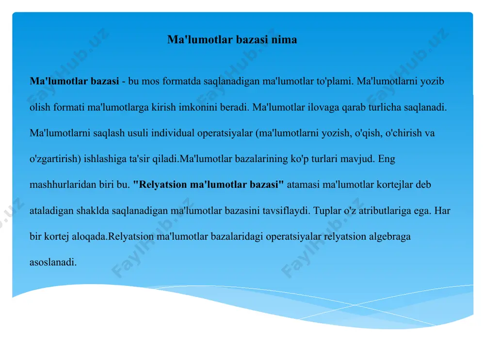 dan ko'pga assotsiatsiyalar qo'shimcha munosabatlar jadvallarini yaratish orqali birdan ko'pga assotsiatsiyalarga aylantiriladi); • ilovalar - ma'lumotlar bazasidagi ma'lumotlar bilan bog'liq yakuniy aniqlangan usullar va atributlarga ega bo'lgan alohida sinflarga.ma'lumotlar bazasi va dastur modellari asosida qurilganligi sababliyagona mantiqiy model, bu loyihalarning ulanishi avtomatik ravishda ta'minlanadi (12.12-rasm). ma'lumotlar bazasi va amaliy loyihalar o'rtasidagi aloqa modelini ishlab chiqish. ma'lumotlar bazasi modeliga faqat doimiy sinflar joylashtiriladi, ulardan ustunlarda ko'rsatilmagan atributlar o'chiriladi (masalan, ko'plab ma'lumotlar bazasi maydonlarining mazmunini yig'ish orqali olinadigan "jami savdo" tipidagi atribut). ba'zi atributlar(masalan, manzil) bir nechta ustunlarda ko'rsatilishi mumkin (mamlakat, shahar, ko'cha, house, pochta indeksi).ma'lumotlar bazasi modelidagi har bir oddiy sinf uchun sinfning atributlariga mos keladigan ustunlarni o'z ichiga olgan alohida jadval tuziladi.subtip sinflarini jadvallarga solish standart usullardan biri bilan amalga oshiriladi:• har bir sinf uchun bitta stol;• har bir supersinf uchun bitta jadval;• har bir ierarxiya uchun bitta jadval.birinchi holda, sinflarning har biri uchun alohida jadval tuziladi, ular o'rtasida kerakli …