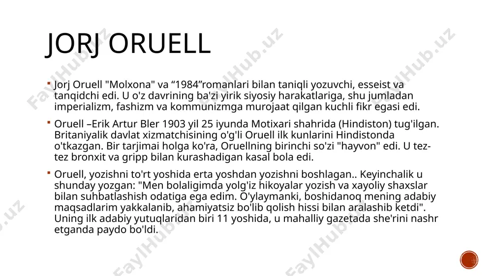 qahramonlari bo'lgan. bu cho'chqalar iosif stalin va leon trotskiyni gavdalantirgan. roman oruellga katta shon-sharaf va moliyaviy foyda keltirdi. “1984” (1949) oruellning “bir ming to`qqiz yuz sakson to`rt” (yoki keying nashrlarda “1984”) sil kasalligi bilan kurashning so'nggi bosqichlarida va o'limidan oldin nashr etilgan. dunyoning uchta zolim davlatga bo'lingan bu dahshatli qarashlari ushbu xayoliy kelajakni juda umidsiz deb topgan va sharhlovchilar orasida tortishuvlarni keltirib chiqardi. romanda oruell o'quvchilarga hukumat inson hayotining barcha jabhalarini, hatto, shaxsiy fikrlarigacha nazorat qilsa, nima bo'lishini tushuntirib berdi. oruell 1950 yil 21 yanvarda london kasalxonasida sil kasalidan vafot etdi. garchi u vafot etganida u 46 yoshda bo'lsa ham, uning g'oyalari va qarashlari uning faoliyati davomida davom etdi. asar nomi, janri va muallifning ijodiy metodi, tematik tasnifi janri: roman metodi: fantastika, satira asarning tematik tasnifi: tarixiy “molxona” haqida “molxona” 1945 yilda angliyada va 1946 yilda aqshda ikkinchi jahon urishida chop etildi. jorj oruel kitobni stalinizm va totalitarizm xavf-xatarlarining jiddiyligini …