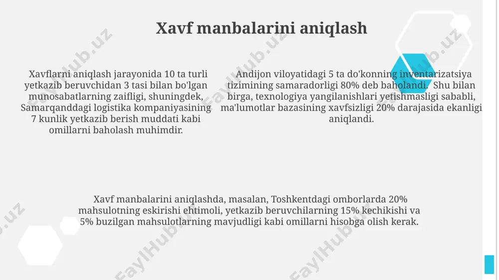 darajasini aniqlash samarqand viloyatidagi 3 ta omborning inventarizatsiya jarayonlarini tahlil qilish natijasida, 10% ehtimolli yuzaga kelishi mumkin bo'lgan o'g'irlik xavfi 2-toifali deb baholandi va qo'shimcha nazorat tizimlari o'rnatish taklif etiladi. xavf darajasi aniqlashda, andijon shahridagi logistika kompaniyasida o'tkazilgan simulyatsiyada, 20 ta turdagi mahsulotlarning 15%i uchun yetkazib berish muddatlarining kechikishi ehtimoli 3-toifali xavf sifatida tasniflandi. xavf darajasini aniqlashda, masalan, toshkentdagi omborda 5% dan yuqori buzilgan mahsulotlar soni, 1-toifali xavf sifatida baholanadi va darhol choralar ko'rishni talab qiladi. e'tiboringiz uchun rahmat @taqdimot_robot