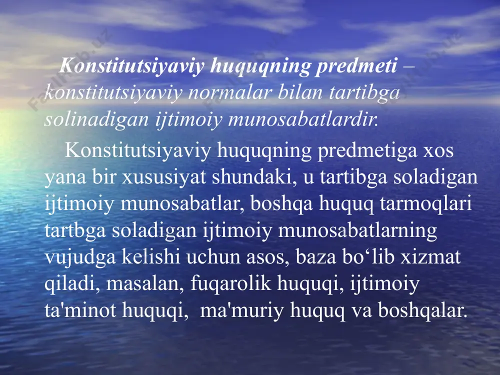 konstitutsiyaviy huquqning manbalariga quyidagilar kiradi: konstitutsiya konstitutsiyaviy qonunlar prezidentning farmon va farmoyishlari oliy majlis palatalarining qarorlari hukumat qarorlari qonunlar mahalliy davlat hokimiyati organlarining qarorlari konstitutsiyaviy sud qarorlari image1.jpeg