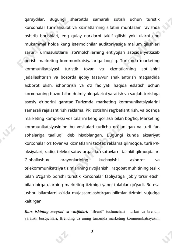 gan g‘ishtga tamg‘asini qo‘yar edilar. shuningdek, grek va rim shamdonlarida, xitoy chinnilarida ham dastlabki savdo belgilari qo‘yilganligi haqida hujjatli dalillar mavjud. hindistonda ham miloddan avvalgi 1300 yilda savdo markalari qo‘llanganligi ma’lum. brending o‘rta asrlarda ham faol qo‘llanilgan, bunda sex hunarmandlari tovarlarini alohida belgi bilan belgilab qo‘yardilar. bu aholining ko‘payishi va bir hududda bir necha temirchi, toshyo‘nar ustaning mavjudligi bilan bog‘liq edi. yevropaning ko‘hna shaharlari, masalan, zalsburg va rottenburgda sayyohlar bugungi kunda ham temirchilar qo‘ygan asl “savdo belgi”larini ko‘rishlari mumkin. 1266 yilda ingliz qonunchiligi har bir novvoydan o‘zi tayyorlayotgan nonlarni belgi bilan ajratishni talab qilgan, bu qonun nonlarning og‘irligini nazorat qilish uchun chiqarilgan edi. aqsh chorvachilik tarixidan bizga ma’lumki, belgilar oldin chorva mollarini birbiridan ajralib turishi uchun ishlatilgan balsa, keyinchalik belgilar muayyan ferma yoki rancho egasining taqdim qilgan mahsulotining belgilashda qo‘llanila boshlangan bugungi kunga kelib brend so‘zining dastlabki tub ma’nosi o‘zgardi. brendni yaratish (“breding” – “brand building”) va boshqaruv metodlari (brend-management) …