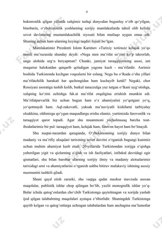 ‘rganilganlik darajasi. mustaqillikka erishgunimizga qadar ushbu mavzu ham tadqiq; qilinishi man qilingan mavzular qatoriga kirar edi. aynan butun tarixmiz soxtalashtirilgani kabi 20 - yillar tarixi ham yolg‘onlarda iborat bo‘lib keldi. istiqloldan keyin tarixning bu davrida kechgan iijtimoiy, iqtisodiy, siyosiy, ma’nvaiy, madaniy, huquqiy va boshqa sohalarni holislik asosida o‘rganishga kirishildi. o‘zbekistonning 20-30 - yillardagi ma’naviy- madaniy, ma’rifiy hayot, undagi kechmishlar ijtimoiy gumanitar fanning turli olimlari tarixchilar, filologlar, siyosatchilar, sotsiologlar va boshqalar tomonidan o‘rganildi. jumladan, karimov n., d.alimova, maxmudov m. turdiyev sh., nabijon boqiy, bdosimov, n. jurayev, usmonov i. qilichev f., tursunov i., uzoqov h, naymov n, axrorova x, shamsutdinov r, s.xolboyev, hayitov sh, rahmonov k, rajabova r, rajabov q, haydarov m, g‘oyibnazarov sh, musayev m, o‘rmonova m, uzoqov x. larning tadqiqotlarini1 sanash mumkin. bmining maqsad va vazifalari: 20-30 yillarda o‘zbekistonda ta’lim tizimining ahvoli, talabalarni xorijga o‘qishga junatish borasidagi tajriba, maqsadlar, sabablar va xomiylarni o‘rganish hamda xorijda ta’lim olgan talabalar, ularning ta’lim …