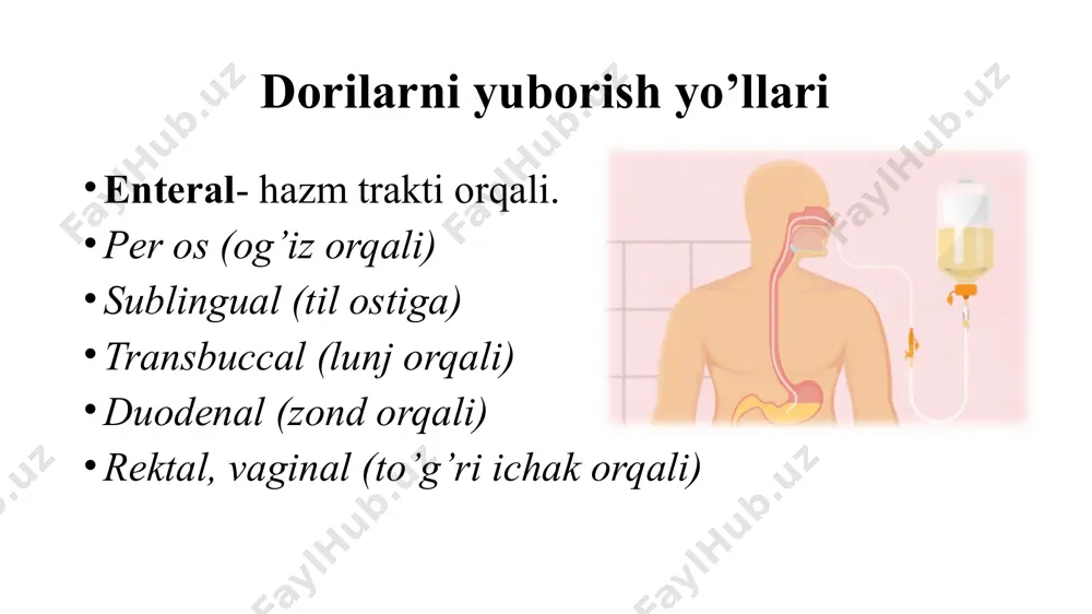 transport sistemalari bilan affinitetga ega,ular membrananing bir tomonida birikadilar, keyin oqsil molekulasining konformatsiyasi yuzaga keladi va moddalar membrananing boshqa tomonida ajraladilar. aktiv transport konsentratsiya gradientiga qarama-qarshi boʻladi va energiya sarfini talab qiladi. farmakokinetika yengillashgan diffuziya – dori moddalarning membrana orqali maxsus transport sistemalari yordamida konsentrasiya gradienti boʻyicha energiya sarfisiz tashilishi. pinotsitoz –hujayra membranasining botib kirishi natijasida tashqi muhitdan hujayra ichiga moddalarning vakuolaga oʻralib kirishi va moddalarning membrana orqali boshqa tomondan chiqarilishi. farmakokinetika bosqichlari 1. soʻrilish(absorbsiya) koʻpgina qoʻllanilish usullarida dori moddalar, qonga tushmasdan oldin, ularning soʻrilish jarayoni amalga oshiriladi. dori moddalarining enteral (ovqat hazm qilish trakti orqali) va parenteral (ovqat hazm traktini chetlab oʻtib) yuborish usullari mavjud. 2. taqsimlanishi lipofil qutblanmagan dori moddalari qonga tushganda organizmda bir tekis taqsimlanadi, gidrofil qubli dori moddalari esa notekis taqsimlanadi.buning sababi ularning gistogematik baryerlardan , boshqa turdagi baryerlardan oʻtish qobilyati va a‘zolarning qon tomirlar bilan turlicha ta‘minanishi.organizmdagi baryerlar: gematoensefalik, gematooftalmik va platsentar baryerlardir. farmakokinetika bosqichlari …
