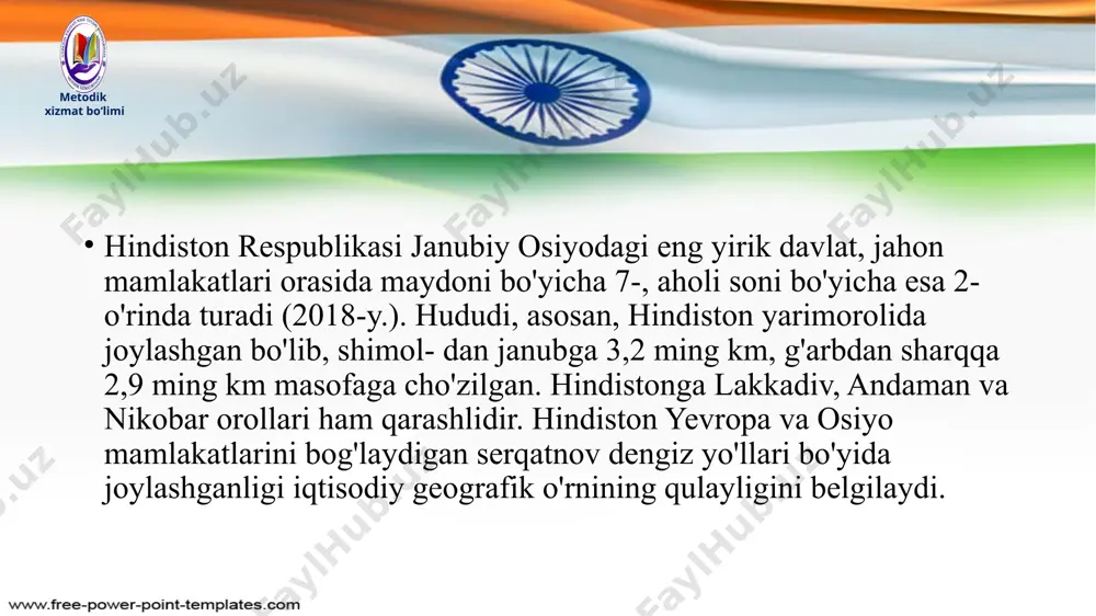 on hududida sersuv daryolar ko'p. ulardan eng yiriklari himolay tog'laridan boshlanib, bengaliya qo'ltig'iga quyiladigan gang va braxmaputra daryolari. shu bilan birga godavari, maxanadi, kaveri, krishna, narmada va tapti ham yirik daryolar hisoblanadi. metodik xizmat bo‘limi aholisi hindiston aholi soni jihatidan jahonda xitoydan keyingi ikkinchi o'rinni egallaydi (2018-y.). lekin hindiston aholisining tabiiy o'sish sur'atlari xitoyga nisbatan ancha yuqoriligi hisobiga ikki mamlakat orasida aholi sonidagi farq borgan sari qisqarib bormoqda. shuning uchun, mutaxassislarning fikricha, yaqin yillarda hindiston jahonning aholisi eng ko'p bo'lgan davlatiga aylanadi. hindiston jahondagi eng ko'pmillatli davlatdir. aholisining etnik tarkibi juda murakkab. unda yashayotgan millat, elat va qabilalar turli til oilalariga mansub. hindlar, bengallar, telugular, panjobliklar, tamillar eng ko'psonli millatlar hisoblanadi. hindlarning jami aholidagi ulushi 40% dan biroz balandroq. metodik xizmat bo‘limi metodik xizmat bo‘limi aholining diniy tarkibi ham ancha murakkab. aholining 80% i induizm diniga e'tiqod qiladi. ikkinchi o'rinda musulmonlar turadi. ular mamlakat aholisining 13 % ini tashkil qiladi. …