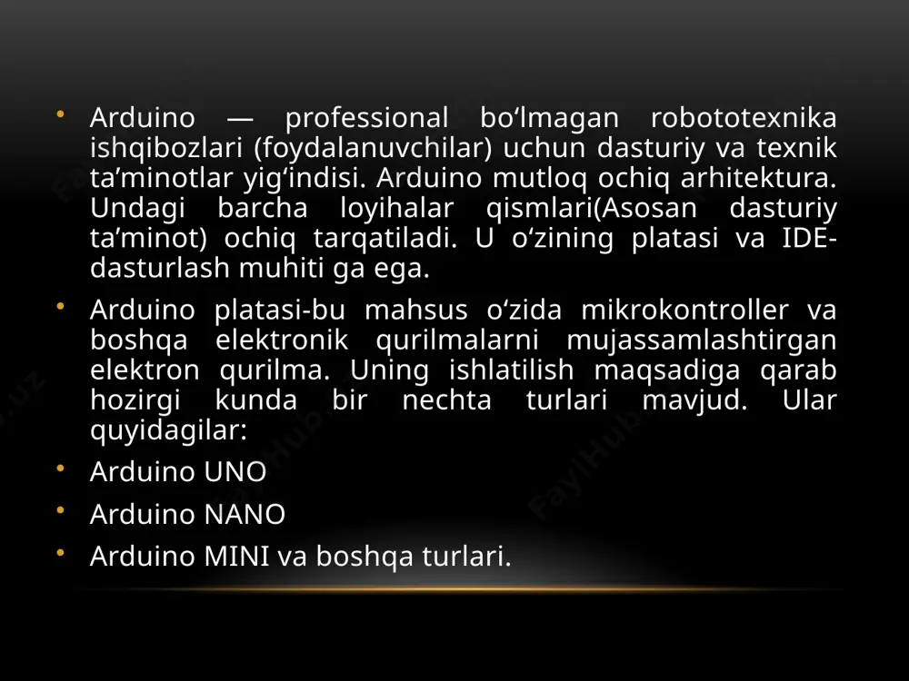 ster xususiyatiga ega; - to‘liq statik ishlaydi; - 1 kbayt eeprom xotiraga ega; - 2 kbayt internal sram xotiraga ega; - dasturlarni yozish va o‘chirish davriyligi: 10000 flash xotira/100000 eeprom; - faoliyat davriyligi: 20 yil 85°c xaroratda/100 yil 25°c xaroratda; - ulanishi mumkin bo‘lgan tok manbasi: 1.8 - 5.5v; - xarorat shkalasi: -40°c to 85°c; - tezlik va tok manbasi mutanosibligi: o 0 - 4mhz @ 1.8 - 5.5v; o 0 – 10 mhz @ 2.7 - 5.5.v; o 0 - 20mhz 4.5 - 5.5v. atmega328 mikrokontrollerining arduino pltasi bilan bog‘lanish xaritasi . atmega328 oyoqlari (ranglar izohi: qora – gnd, qizil – tok manbai, sariq – boshqarish, ochsariq – oyoqchalar,oq - atmega328 ning funksional oyoqchlari, qoramtiroq – raqamli oyoqchalar, yashil – anologli aoyoqchalar, pushti – pwm, ko‘k – maxsus kirish/chiqish, jigarrang – arduino kirish/chiqish nuqtalari) dht11 namlik va harorat sensor hona haroratini va havo namligini o`lchashni biz arduino uno, dht11 …