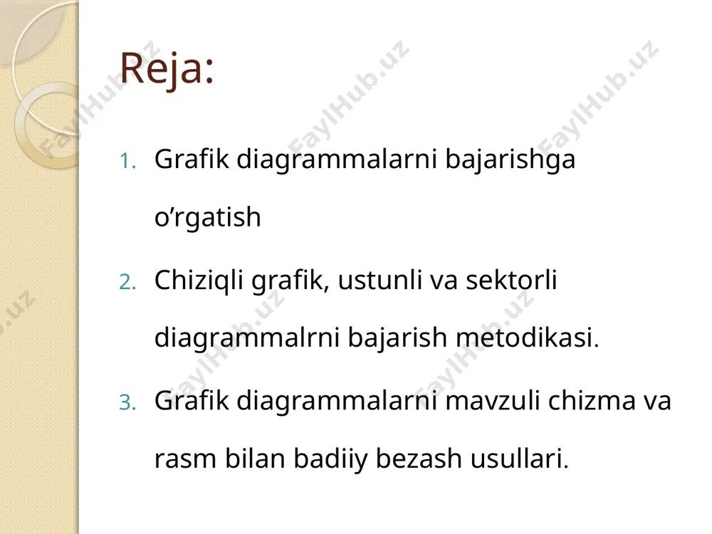 inson faoliyatining statistika, hisob-kitob va boshqa sohalarida grafiklar jarayonlarning miqdoriy bogliqligini yaqqol tasvirlash uchun keng qollaniladi. masalan. rejanlangan g’oyalar yoki yillar bo'yicha bajarishning borishi grafigi, mamlakat aholi sonining yillar bo'yicha o'sishi grafigi va hokazo. o‘quvchilarni grafik va diagrammalar bajarishga o ‘rgatishda dastavval ularning shu sohadagi bilimlarini chuqurlashtirish, grafik va diagrammalar turlari hamda turli texnikada bajarilgan shakllari haqidagi tasawurlarini kengaytirish kerak. buning uchun ularga ushbu mavzu bo‘yicha birinchi topshiriq sifatida a3 formatli chizma qog‘ozi varag‘iga gazeta va jumallardan grafik va diagrammalarni qirqib olib, elimlashni va maktab darsliklaridagi grafik va diagrammalardan na'munalar ko‘chirib chizishni topshirish mumkin. keyingi darsda vazifani tekshirish va ular ichidai original echim topilgan variantlarni o ‘qituvchi sinfdagi o'quvchilar bilan birgalikda tahlil qilishi tavsiyaetiladi. . ushbu metodik usul yordamida o'quvchilaming grafik va diagrammalar ularning ishlatilish sohalari, shuningdek ularga bo‘lgan zaruriyat to ‘g‘risidagi tasavvurlari kengayadi. buning natijasida o'quvchilar o ‘z!ari uchun qiziqarli b o ig an mavzuni mustaqil tanlashga, keyingi bajariladigan …