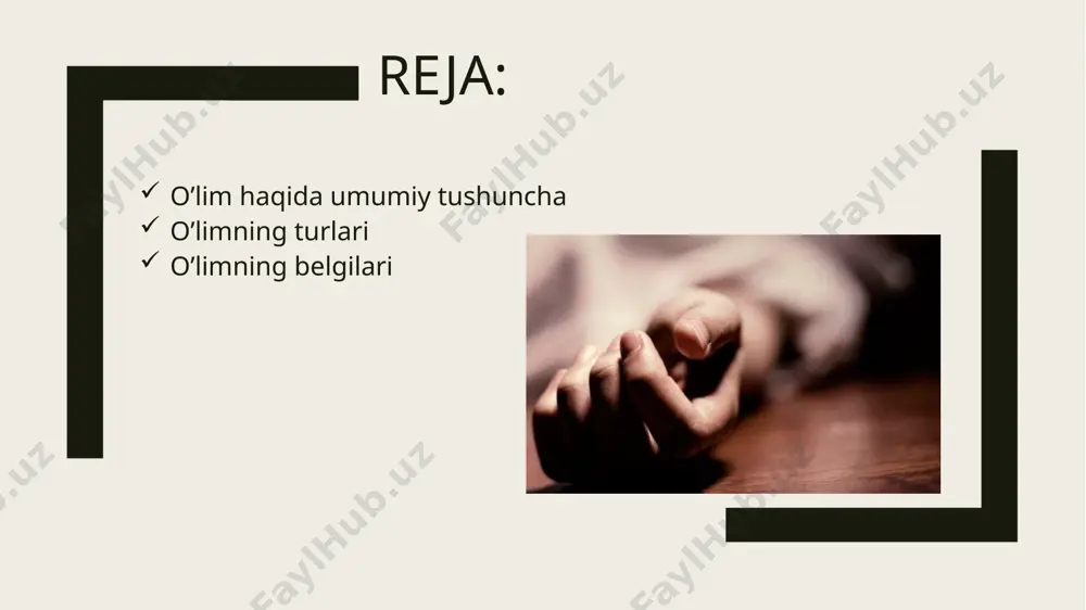 ‘lim haqidagi guvohnoma beriladi tekshiruv o‘tkazilmaydi. organizm yemirilishi (uzoq umrdan so‘ng) yashashga layoqatsizlik (homila). ii. «notabiiy o‘lim»: • g‘ayritabiiy o‘lim:o‘limning bu turi sud tibbiy tekshiruvdan o‘tkaziladi. - mexanik, fizik, ximik va boshqa faktorlar ta’sirida natijasi . • nog‘ayritabiiy o‘lim (kasalliklar sababli): odatdao‘limning bu turi patologoanatomik tekshiruvdan o‘tkaziladi. turli kasalliklar oqibatida bo’ladi o‘lim jarayoni davomiyligiga ko‘ra: tez o‘lim («miya o‘limi») – bir necha minutlar chamasida qayd qilinadi; agonal (poliorgan yoki somatik) o‘lim – bir necha soatlar, sutkalar, xaftalar yoki oylar davomida qayd qilinadi. o’lim belgilari 2 bo’linadi: erta belgilar: murdani qotishi, murda doglari, qonning qayta taksimlanishi, murdani qurishi, autoliz. kechki belgilari: murdani yemirilishi, chirishi. ertangi belgilar murdani sovushi – 16-18osda soatiga bir gradusdan pasayadi, past temperaturada u tezrok, yukorida sustrok, gipertermiya bilan ulganida xam sekinrok buladi. murda doglari – konni kayta taksimlanishi natijasida gorizontal tana satxidan pastda venoz tomirlarda o’limdan 2 soat utganidan keyin kukimtir-binafsha kurinishda paydo buladi, 3ta boskichda uzgaradi: …