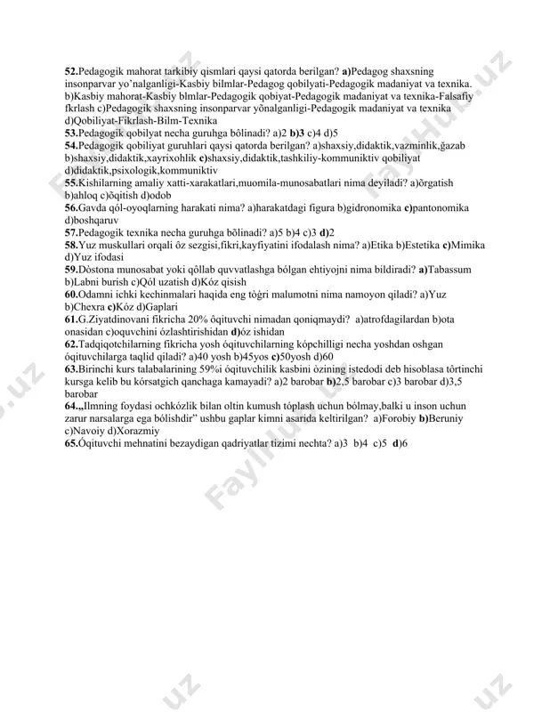 rlab berdi? a)170ming b)171ming c)172ming d)173ming 33.1963 yili toshkent asbobsozlik zavodidagi ishchilar orasida ózbeklar qancha qismini tashkil qilar edi? a)20% b)30% c)25% d)15% 34.1960-1970 yillarda o’quv yurtlarimzda talabalar soni necha baravarga oshdi? a)1 b)2 c)4 d)5 35.1960-1961 yillar yurtimz oliy talimida necha nafar talab bo’lgan? a)90ming b)100nafar c)120ming d)130ming 36.1970-1971 yillarda yurtimzda talabalar soni qancha bo’lgan? a)210ming b)220ming c)230ming d)240ming 37)1940-yilda oliy oquv yurtlarimz soni nechta bôlgan? a)20 b)30 c)50 d)50 38.1970-yilda oliy o’quv yurtlarimz qancha bo’lgan? a)38 b)28 c)47 d)39 39.1958 yilda o’quv yurtlarimzda qancha ilmiy-pedagoglar ishlagan? a)3ming b)4ming c)5ming d)5.5ming 40. 1965 yilda o’quv yurtlarimzda qancha ilmiy-pedagoglar ishlagan? a)4ming b)5.7ming c)7ming d)8ming 41.iogan fridrix gerbard qayerda tuģilgan? )rossiya b)germaniya c)aqsh d)fransiya 42.qaysi asar gerbardga tegishli? a)psixologiya darsligi b)pedagogikaga doir leksikalar ochergi c)tarbiya maqsadlaridan kelib chiqqan umumiy pedagogika d)barcha javob to’g’ri 43.qaysi biri gerbardning so’zlari? a)tarbiyasiz ta’lim bo’lmaydi b)ta’limsiz tarbiya bo’lmaydi c)ta’lim uchun qiziqish kerak d)bola ta’limi pedagogga bog’liq …